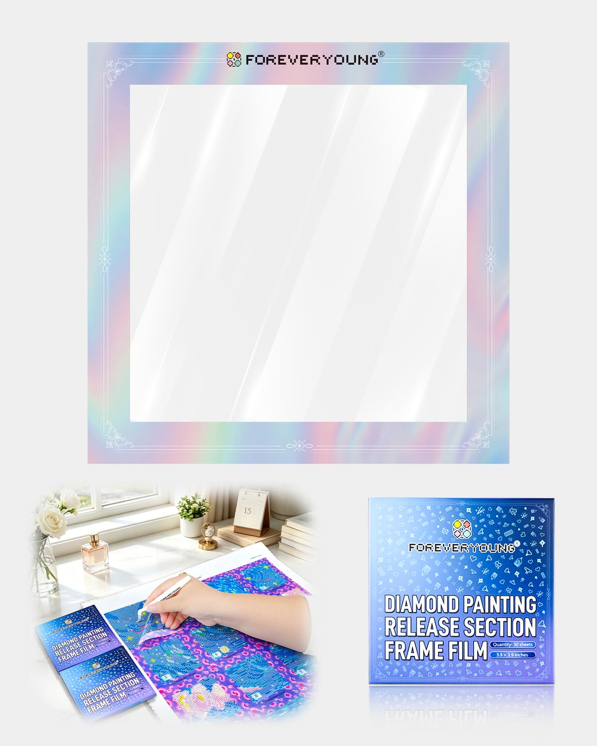 ForeverYoung Reusable Diamond Art Release Film 30 PCS Gradient Rainbow | Non-stick release paper for diamond painting. 10×10cm reusable sheets help section artwork easily and keep workspace clean.