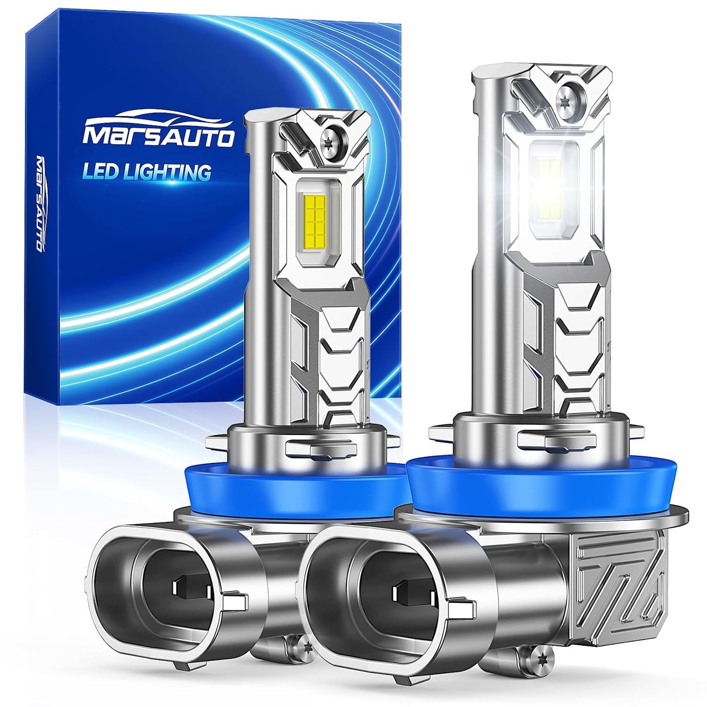 Marsauto M1C H11 LED Fog Light Bulbs, 30000LM 6000K Cool White, Compatible with H8/H9/H16, Fanless Passive Cooling, Ultra Quiet Plug and Play Fog Light, Pack of 2