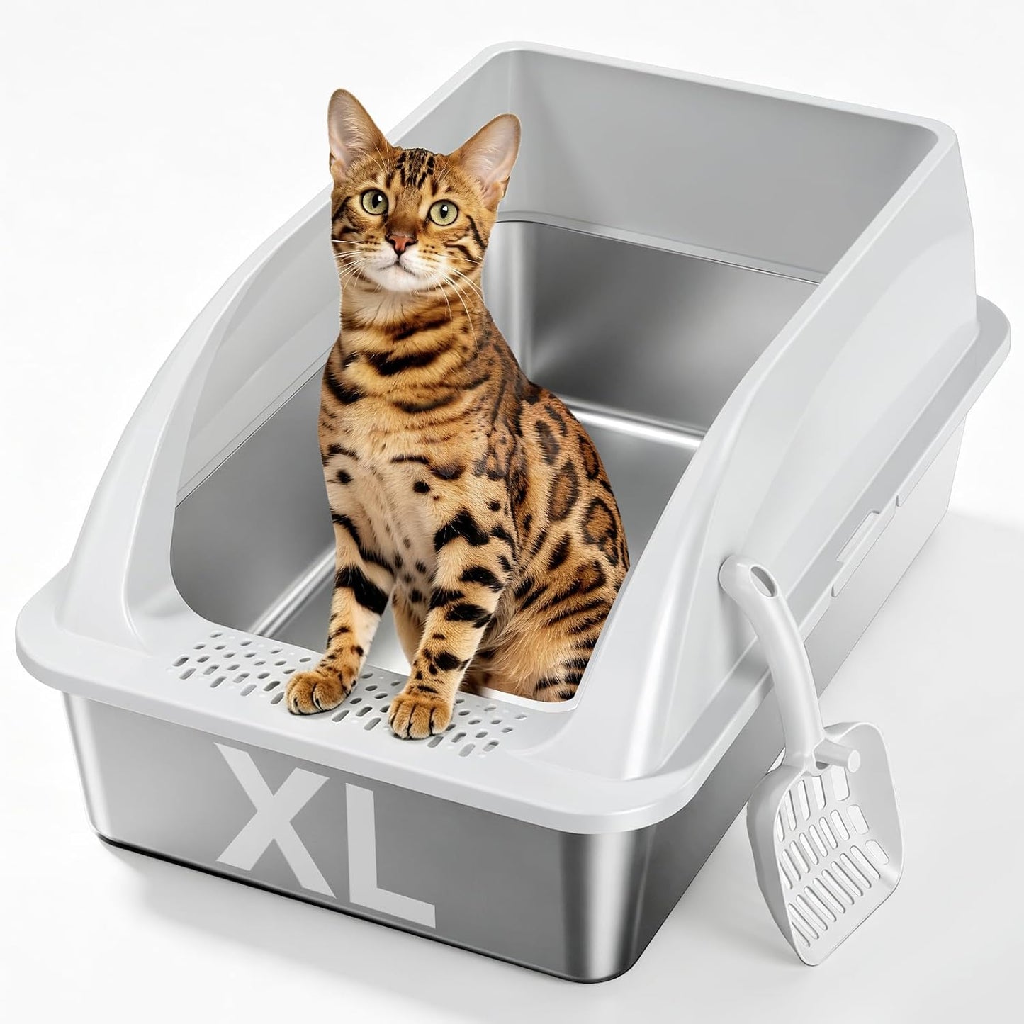 XL Open Top Stainless Steel Litter Box with High Sides,Light Gray | Extra Large Metal Cat Litter Pan , XL Litter Box, Non-Stick Easy Clean Anti-Leak Kitty Litter Pan, Odor Control, Open Top