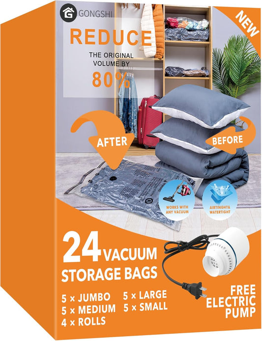 GONGSHI Vacuum Seal Bags for Clothing Travel & Home Storage, Travel Vacuum Bags with Pump,Space Saver for Blankets, Comforters, Pillows, Clothes,24...