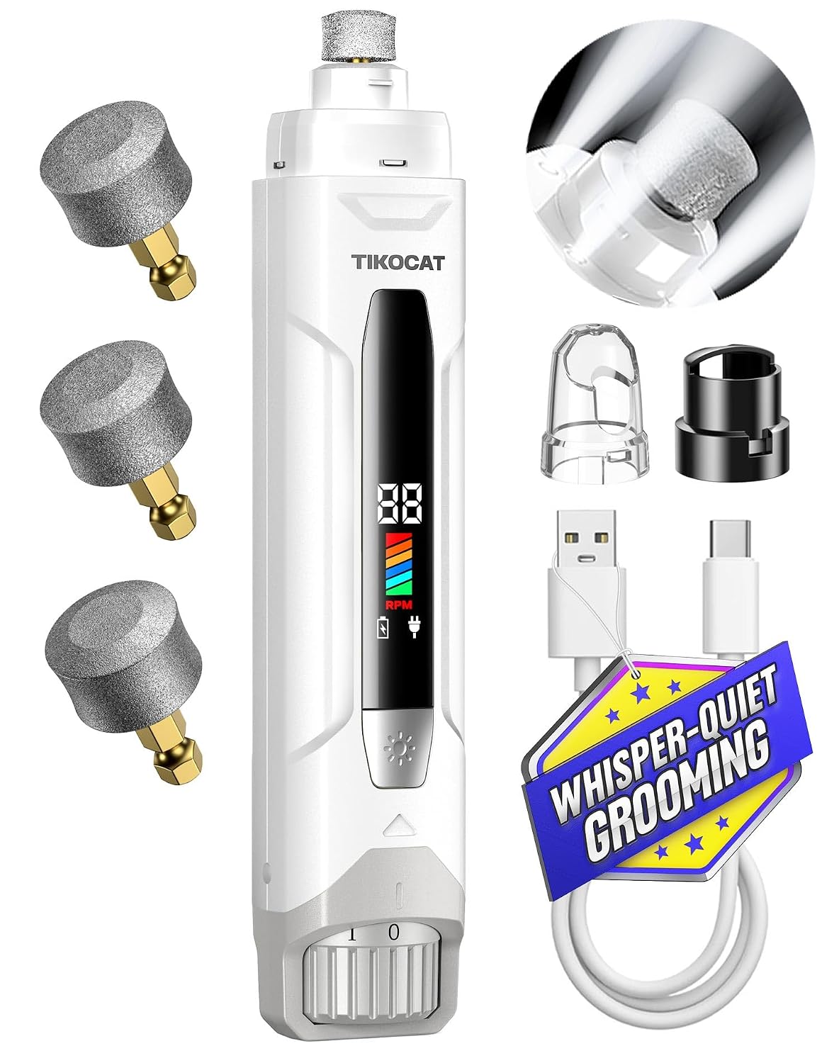 Whisper-Quiet Dog Nail Grinder 50%More Power for Sensitive Dogs,Cat | 6-Speed Pet Nail Trimmer with LED Display & 4 LED Lights, 3 Grinding Bits, No Over-Cutting,Stress-Free Grooming for All Pets