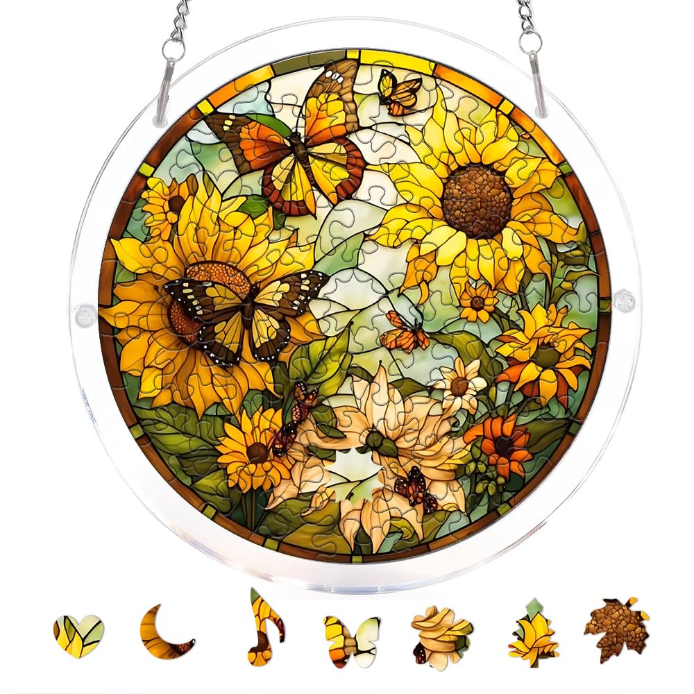 Acrylic Jigsaw Puzzle Suncatcher, Stained Glass Suncatcher Puzzle | Sunflower and Butterfly Sun Catcher Jigsaw Puzzle Window Hanging, Acrylic Puzzles Kit, Mothers Day Birthday Gifts, 7.87 Inch