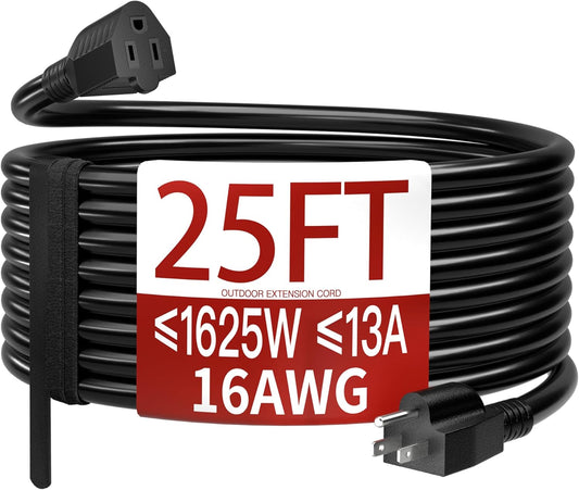 Skrizcable 16/3 25 FT Outdoor Extension Cord Waterproof, Weatherproof & Flame Retardant Black 3 Prong Power Cord Outside for Lawn & Garden, 13 Amps 1625 Watts 125 VAC 16AWG SJTW, ETL Listed