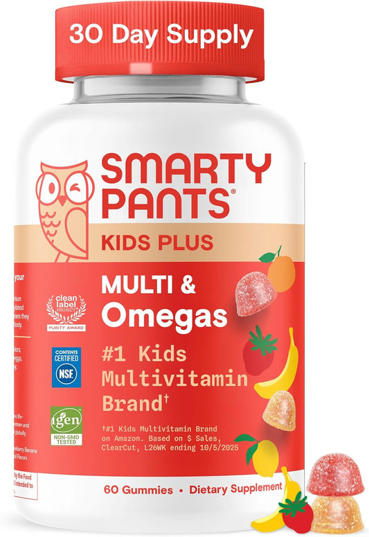 SmartyPants Kids Multivitamin Gummies with Omega 3 DHA/EPA, Vitamins D3, C, B12, B6, A, K, and Zinc, Gluten Free, Clean Label, Three Fruit Flavors, 60 Gummies (30 Day Supply)
