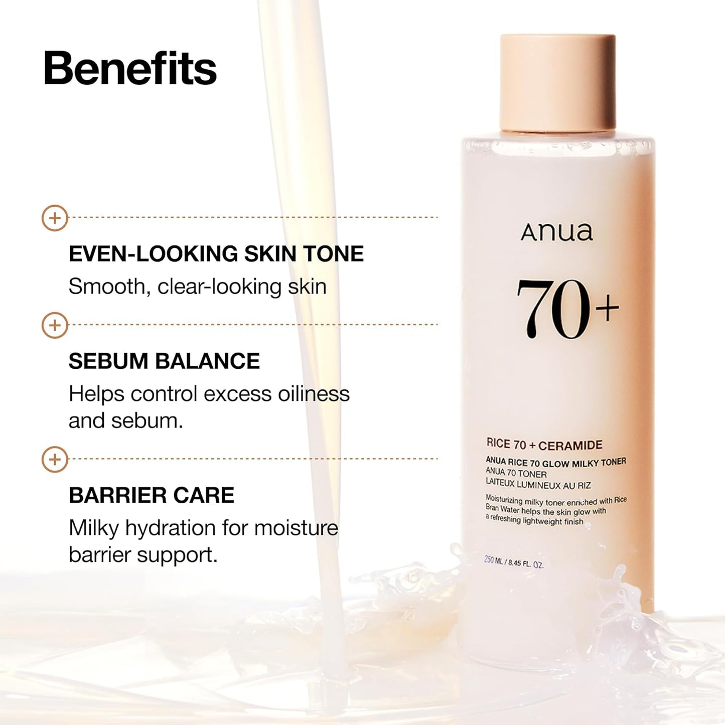 Anua Rice 70 Glow Milky Toner, Glass & Dewy Skin, Hydrating & Barrier Care, Rice Water, Niacinamide, Ceramides, All Skin Types, Fragrance-Free, Non Comedogenic, Korean Skincare, 8.45 fl.oz.