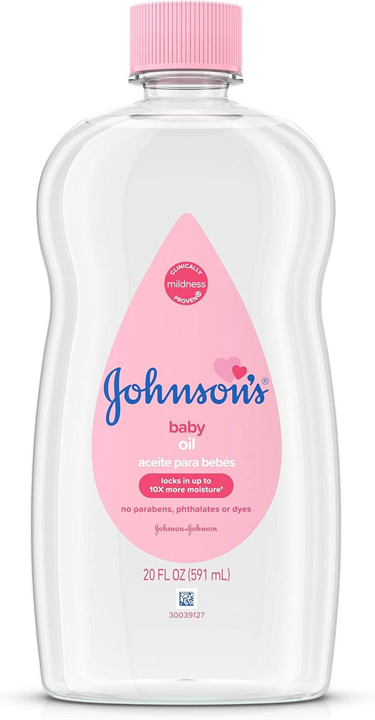 Johnson's Baby Oil, Pure Mineral Oil to help Prevent Moisture Loss for Baby, Kids & Adults, Gentle & Soothing Baby Massage Oil for Dry Skin Relief, Original Scent, Baby Essentials, 20 fl. oz