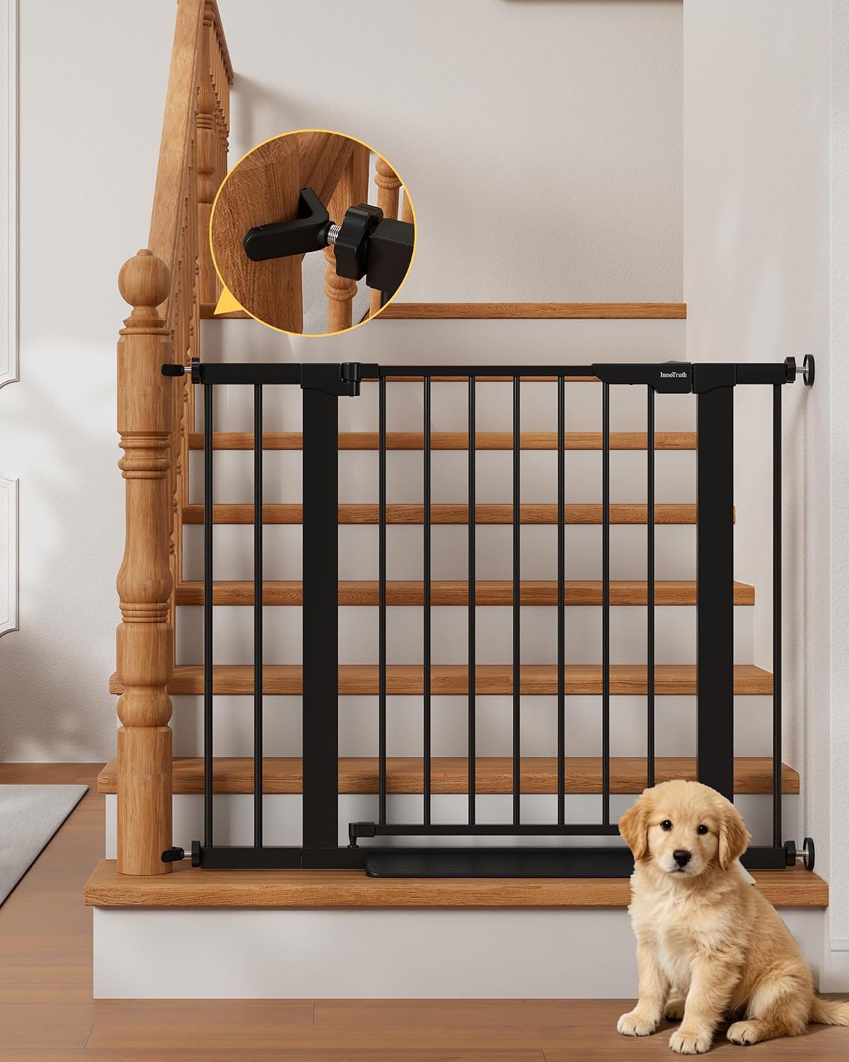 InnoTruth 27-36.6 in Wide Baby Gate for Stairs and Doorways, Black | Indoor Metal Dog Gate for Pets, Auto Close 2 Way Swing Walk Through Door, Double Lock & Y-Bolts, Pressure or Hardware Mount