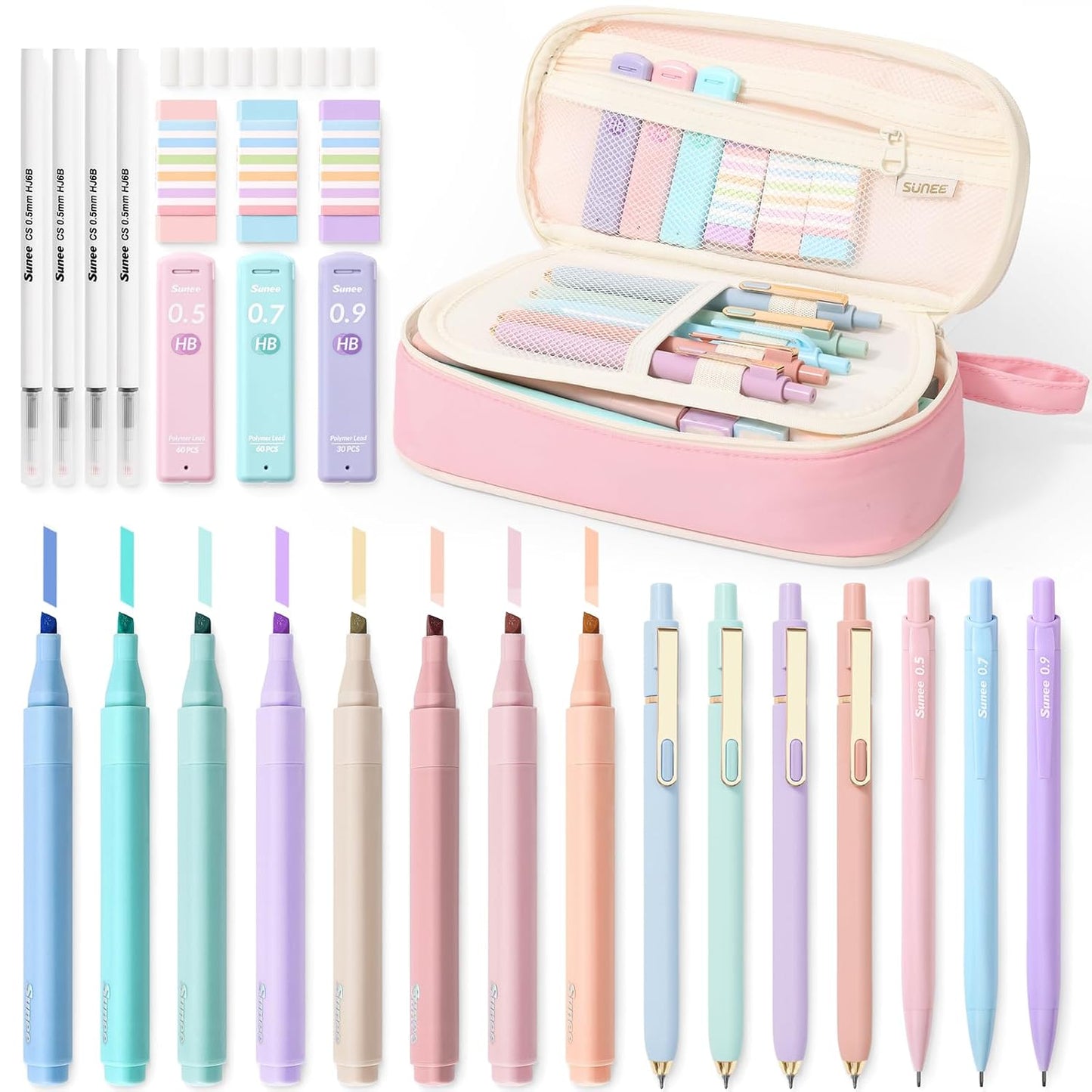 SUNEE Pencil Case with Supplies, 35PCS Aesthetic Stationery Set with Pastel Highlighters, Black Gel Pens, Mechanical Pencils & Refills, Cute School Supplies for Teachers Girls College Pink