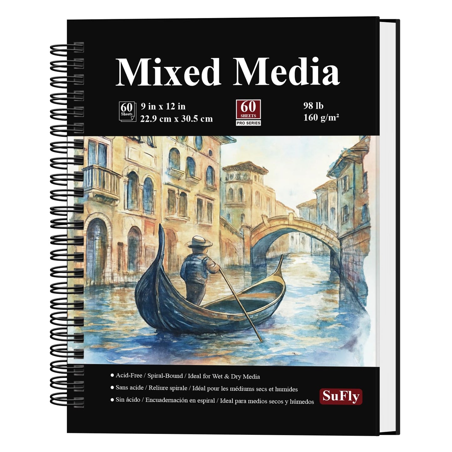 SuFly Mixed Media Sketchbook 9x12, Mixed Media Paper_98lb/160gsm, 60 Sheets | Mixed Media Pad, Thick Drawing Paper Pad, Spiral Sketch Pads for Drawing, Watercolor Paper for Art Class & Painting Supplies