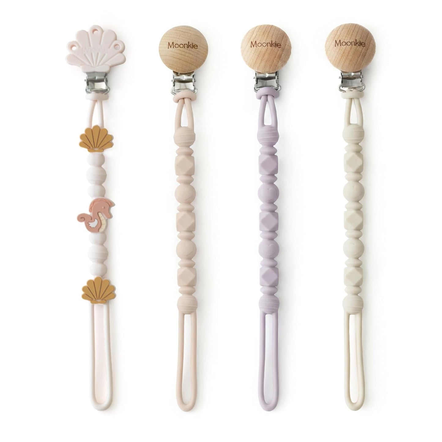 Moonkie Silicone Pacifier Clips for Baby – Durable One-Piece Binky Holder, Mixed Styles Paci Clips, Baby Essentials for Newborn Boys & Girls - 4 Pack (Sunset Shore)