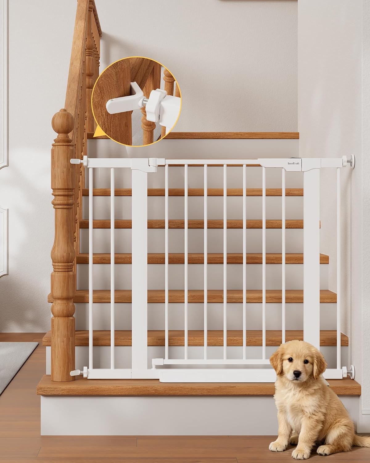 InnoTruth 27-36.6 in Wide Baby Gate for Stairs and Doorways, White | Indoor Metal Dog Gate for Pets, Auto Close 2 Way Swing Walk Through Door, Double Lock & Y-Bolts, Pressure or Hardware Mount