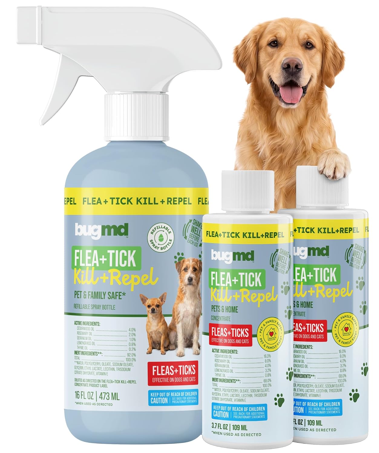 BugMD Flea and Tick Spray for Dogs - Kills & Repels on Contact | Plant-Powered Treatment for Home, Furniture and Carpet - Makes 32 oz | Starter Kit