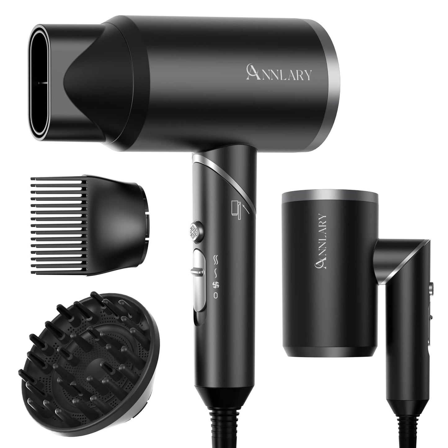 ANNLARY Hair Dryer with Comb, ANNLARY 1800W Blow Dryer with Diffuser for Curly Hair, Plasma Ionic Hair Dryer for Frizz Control, Foldable Portable Low Noise Hairdryer, 6.5 ft ALCI Cord