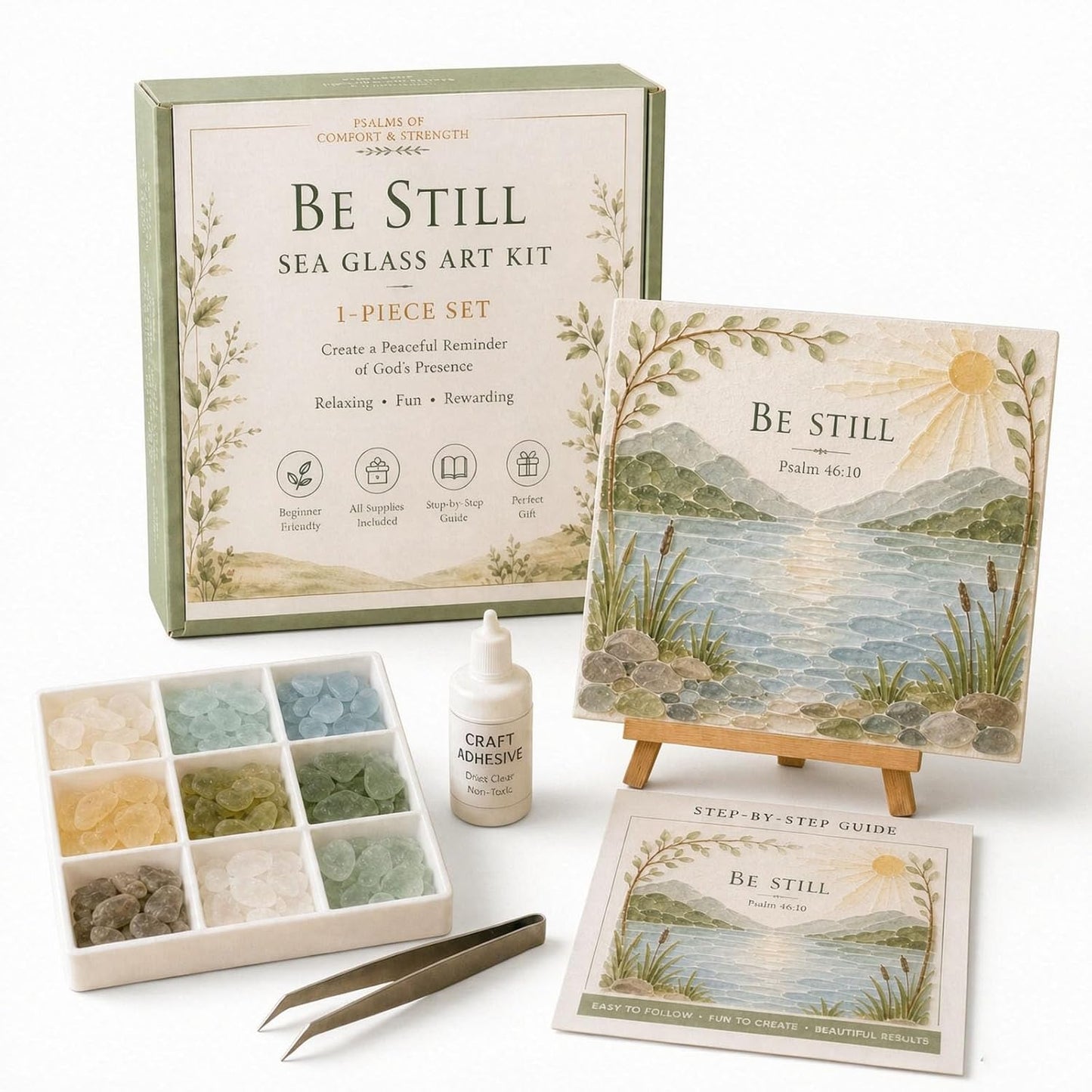 Psalms of Comfort & Strength Sea Glass Art Kit, Christian DIY Craft Kit with Inspirational Bible Verse Design, Religious Gift for Women, Faith Home Decor Wall Art，#A