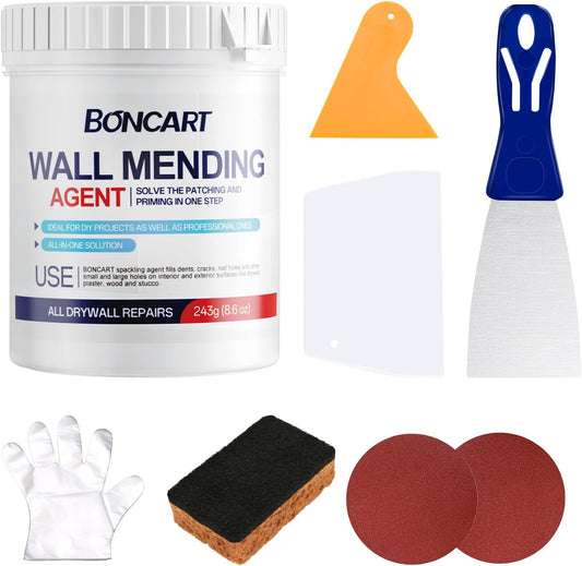 BONCART 8.6oz Drywall Patch Repair Kit - Professional All-in-1 Tool Set (Scrapers/Sandpaper/Texture Sponge/Gloves/Putty Knife) for Fast Wall Hole Repair