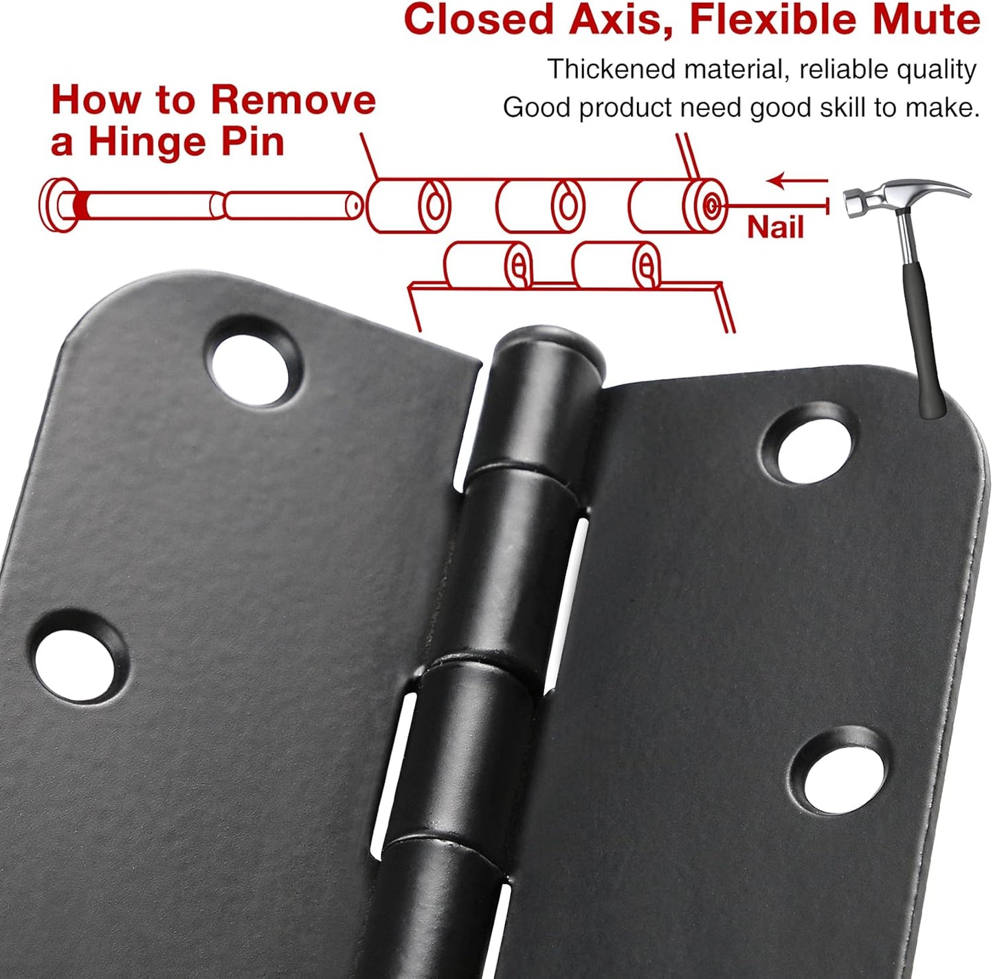 30 Pack Rounded Matte Black Door Hinges 3.5 Inch 5/8" Radius Interior 3 1/2" Flat Iron Bifold Residential Standard Bedroom Indoor for Doors 3 å?"Hardware Control H