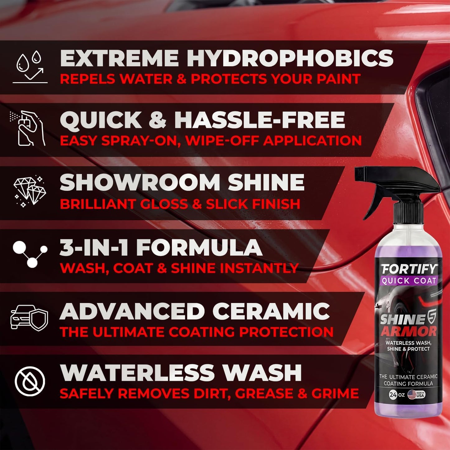 Car Wax Spray and Ceramic Coating for Cars - 3 in 1 Waterless Car Wash and Detailing - Quick Effect Coating Agent for Car - High Gloss Top Coat, Shiny Car Stuff by Shine Armor - Protective Wax 16FlOz