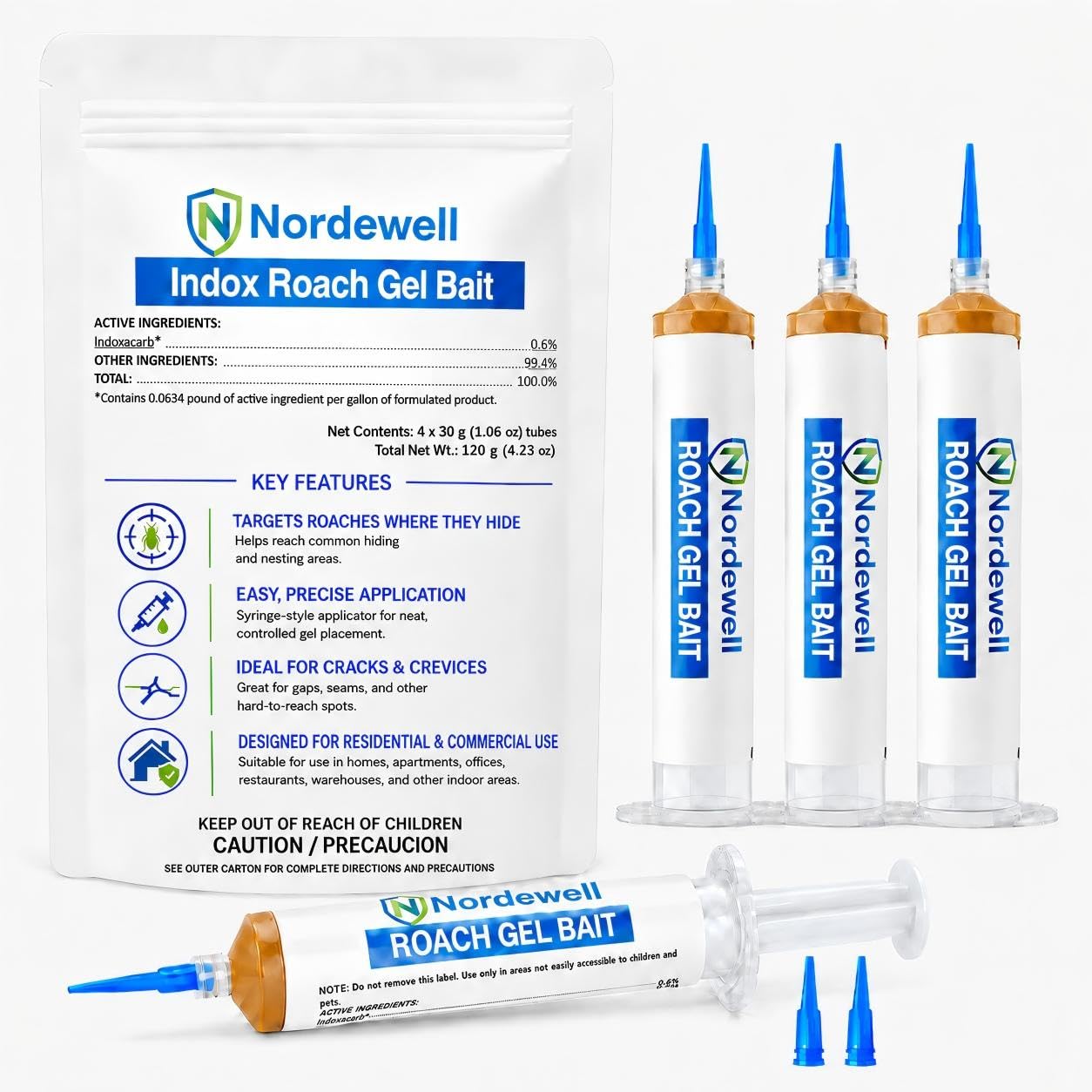 Cockroach Gel Bait, Professional Roach Gel Bait with 0.6% Indoxacarb, 4 x 30g Syringes, Roach Bait for German, American & Other Cockroaches, Indoor & Outdoor Roach Control