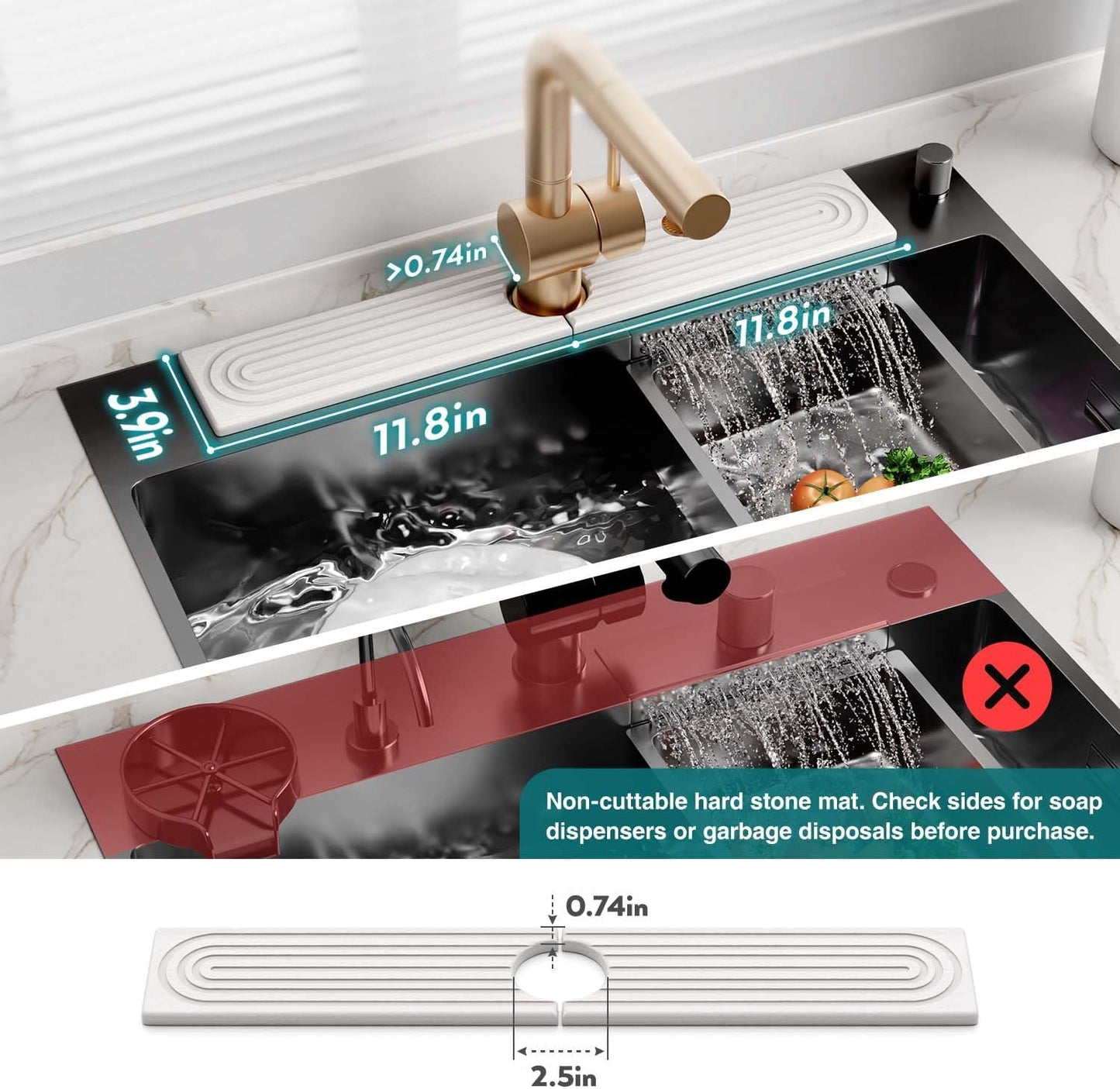 Eormoe Faucet Mat for Kitchen Sink ‰ÛÒ Diatomite Stone Drying Mat & Sink Protectors, Prevent Moisture ‰ÛÒ Sink Splash Guard Water-Absorbing Stone Tray for Kitchen Counter Decor (Light Grey, 23.6" x 3.9")