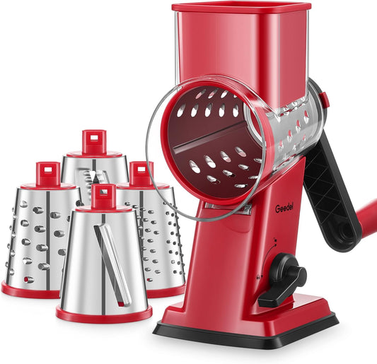 Geedel Rotary Cheese Grater, Kitchen Mandoline Vegetable Slicer with 3 Interchangeable Blades, Easy to Clean Rotary Grater Slicer for Fruit, Vegetables, Nuts