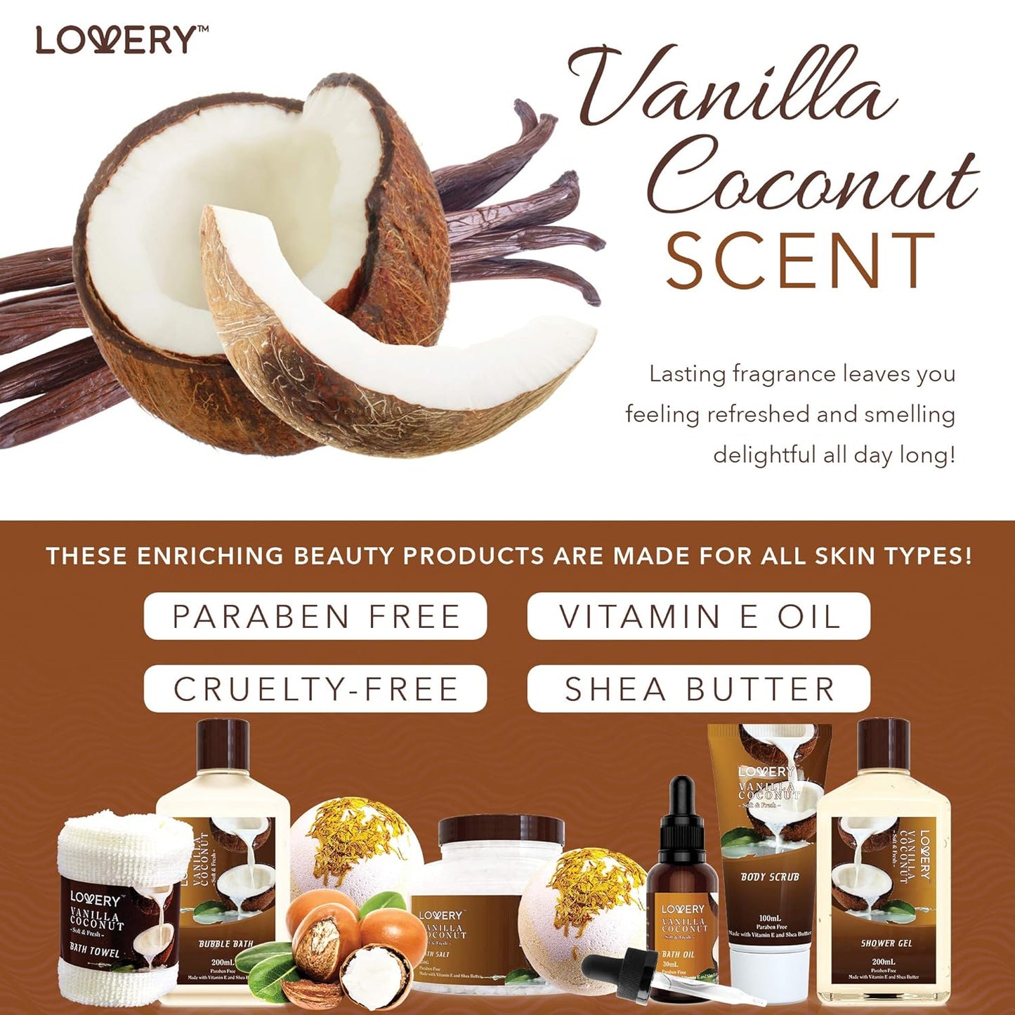 Gifts For Women Gift Basket for Women‰ÛÒ 9 Piece Set of Vanilla Coconut Home Spa Set, Luxurious Gifts for Her, Bath and Body Sets Includes Fragrant Lotions, Large Bath Bombs, Coconut Oil