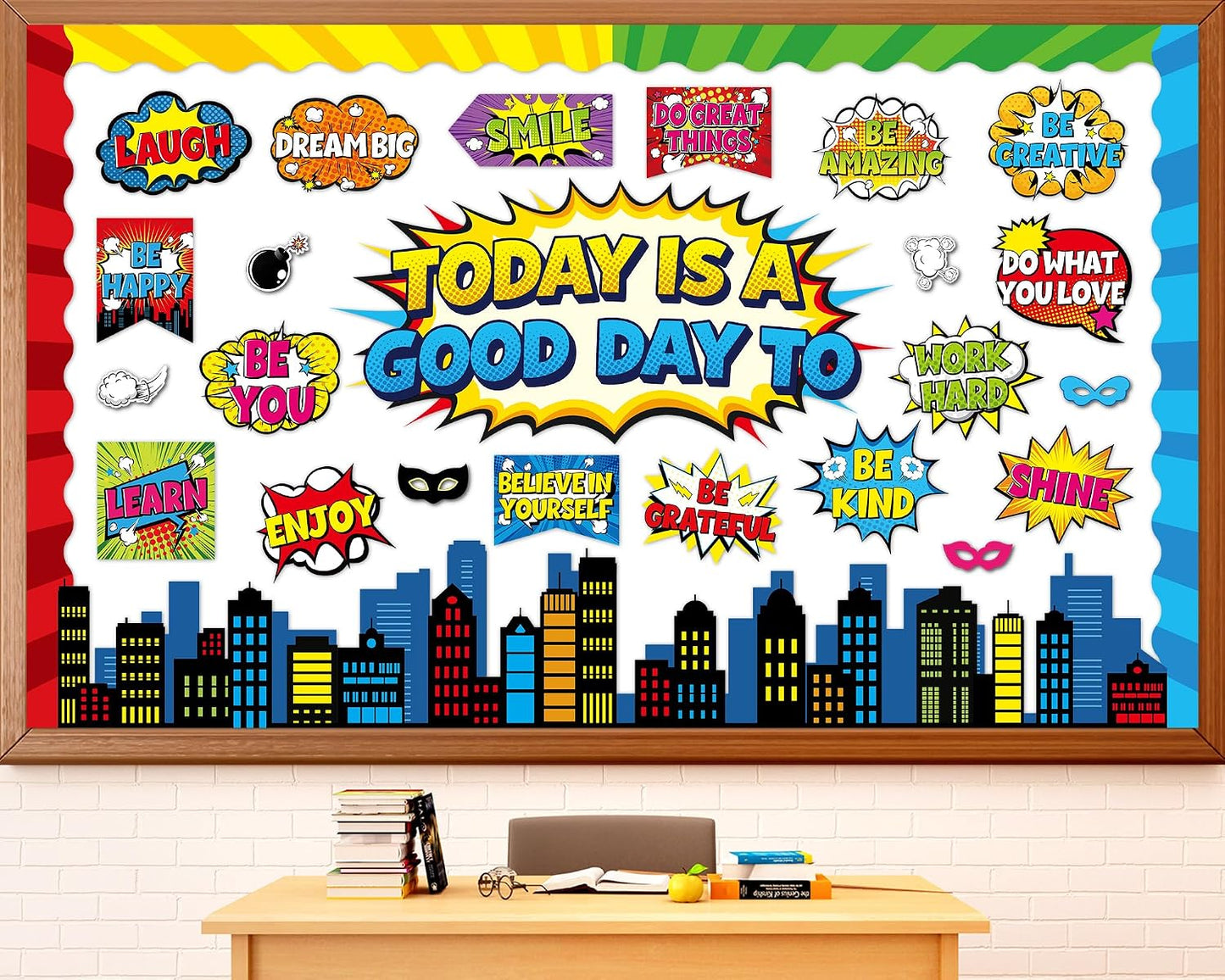 Hero Themed Mental Health Bulletin Board Set Motivational Classroom Decor Today is Good Day Inspirational Affirmation Super Themed Cutouts for Back to School Party Classroom Chalkboard Wall Door Decor