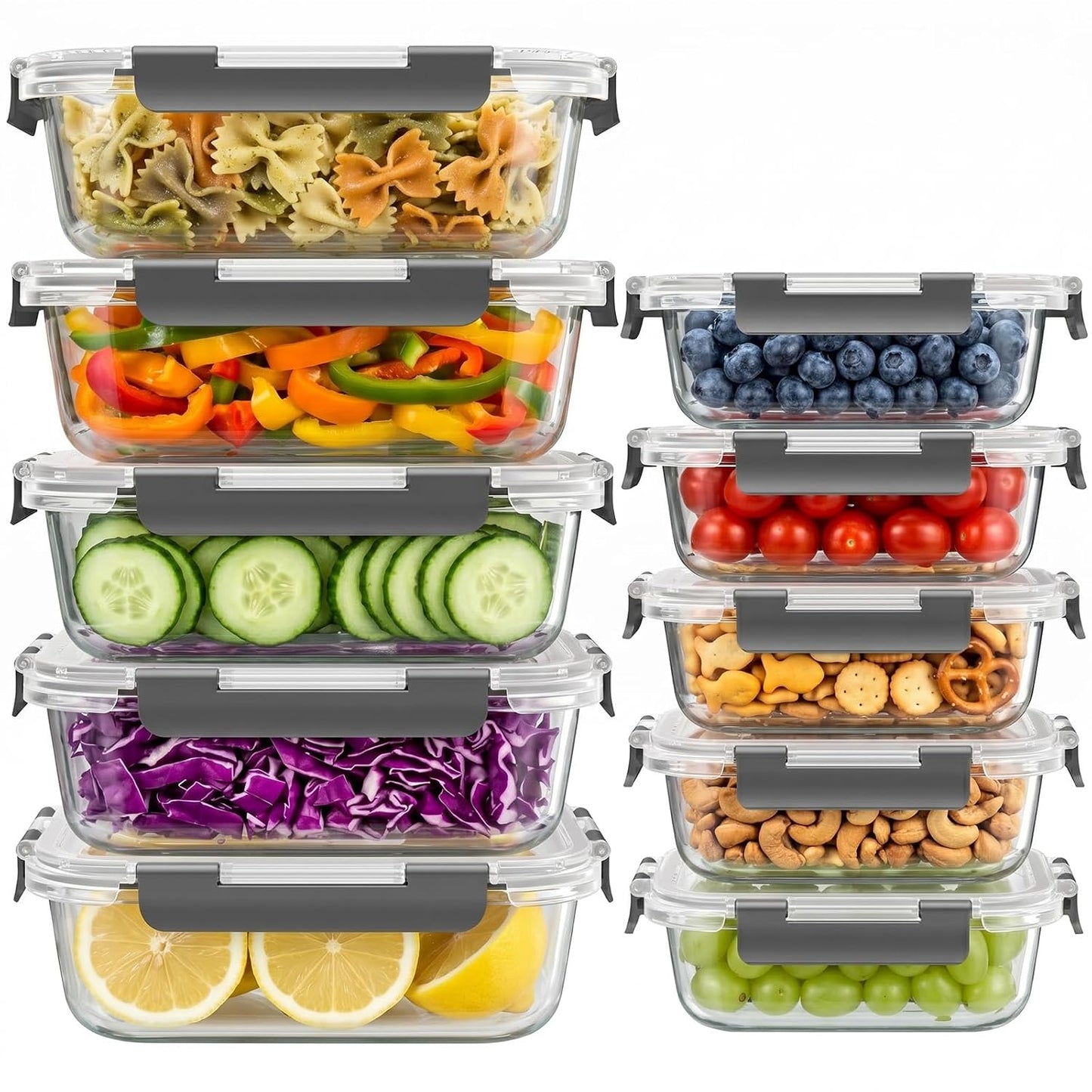 Dealusy 10 Sets 36 oz & 12 oz Glass Food Storage Containers with lids, Gray | 20-Piece Airtight Leak-proof Glass Meal Prep Containers with Lids, Microwave Oven Freezer Dishwasher Safe
