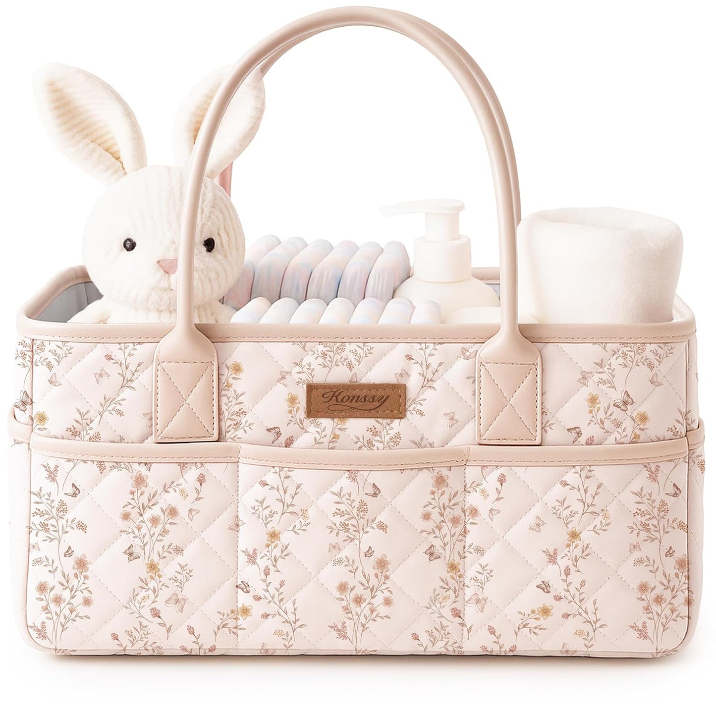 Konssy Baby Diaper Caddy Organizer, Floral Design with PU Leather Handles | Quilted, Water-Repellent, Diaper Caddy Basket with Removable Dividers, Baby Registry Must Have, Newborn Essentials (Floral)