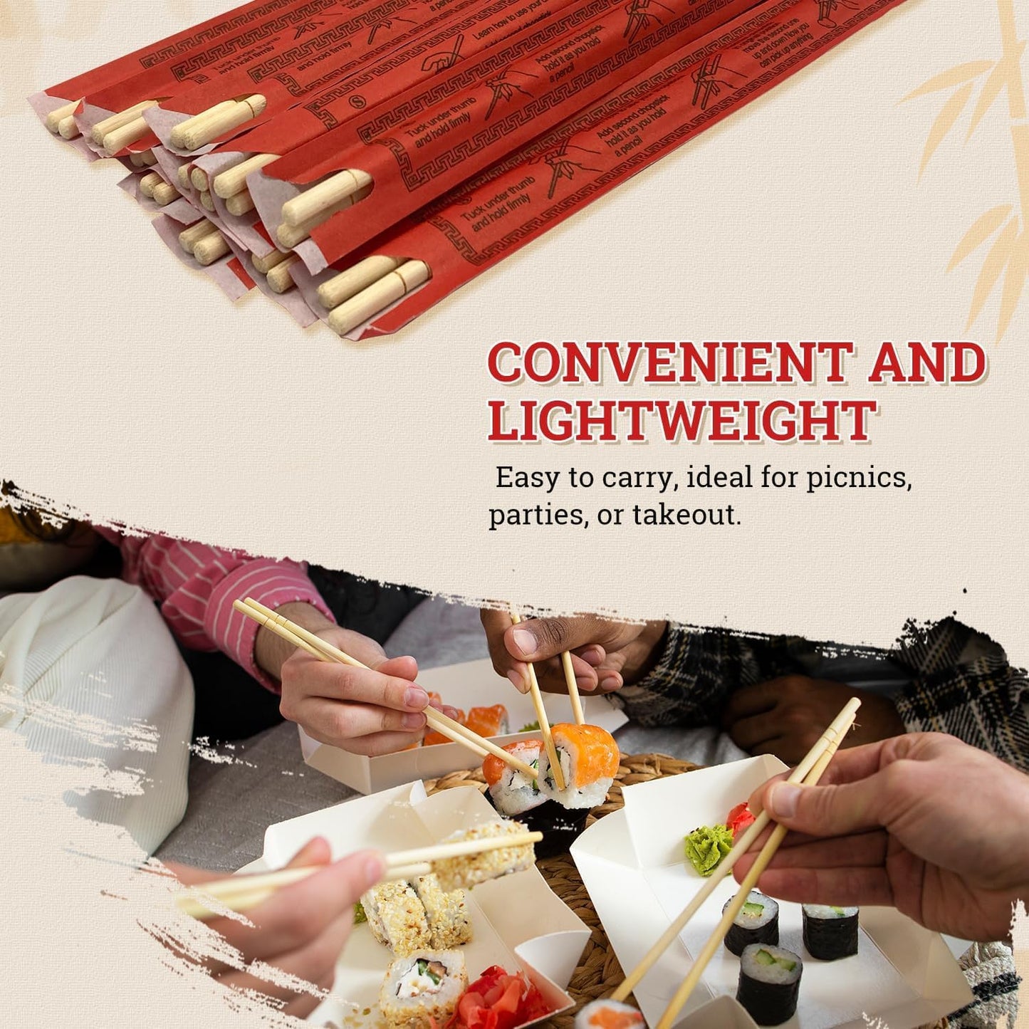 52USA Disposable Bamboo Chopsticks (100 Sets) - 9'' Long, UV Treated, Individually Wrapped Japanese and Chinese Wooden Chopsticks Bulk