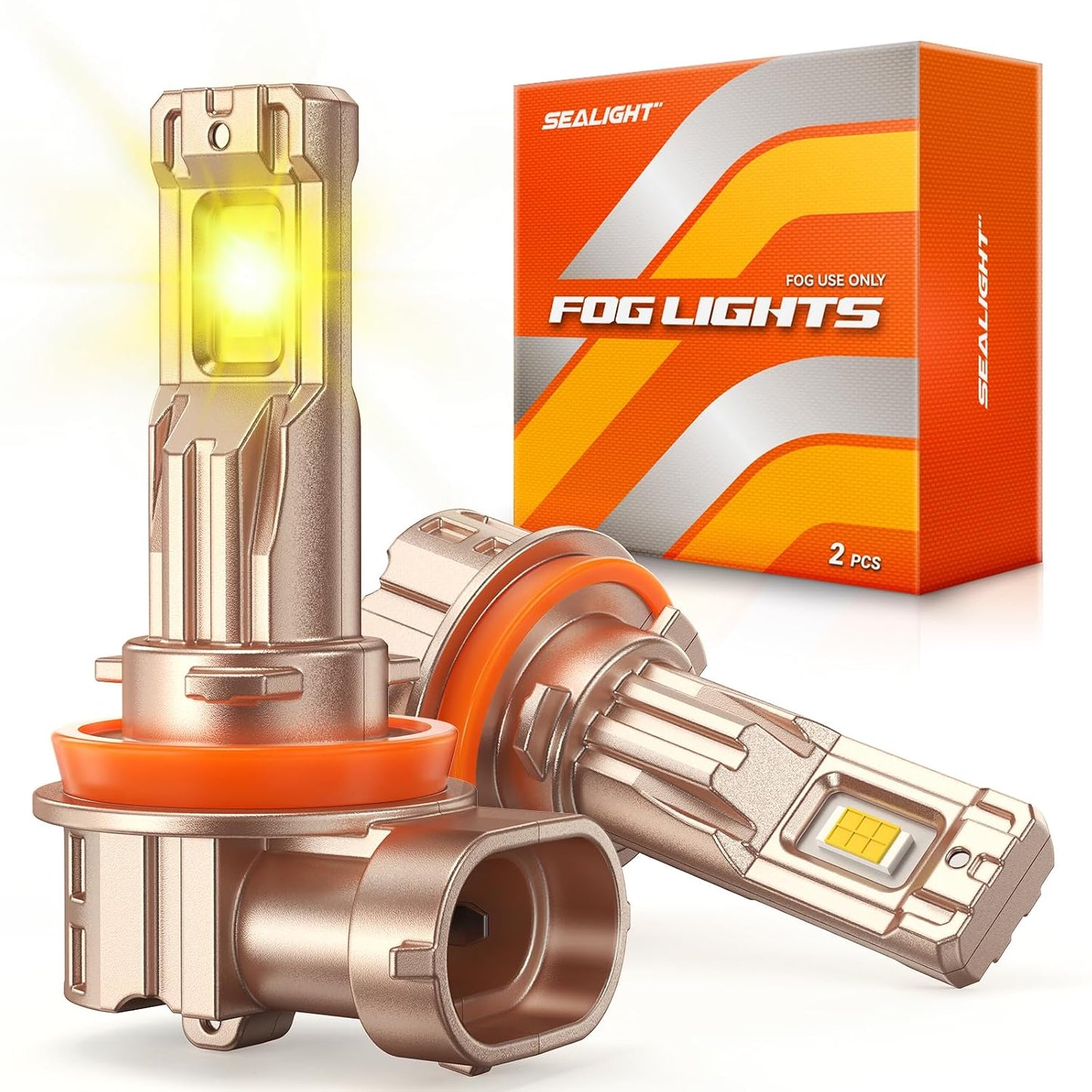 SEALIGHT H11/H16/H8 Yellow LED Fog Light Bulb, 18000LM Ultra Bright Yellow Fog Lights, IP68 Waterproof Injection Sealed,Long Lifespan 80000 Hours, 1:1 Mini Size Easy Install, Pack of 2