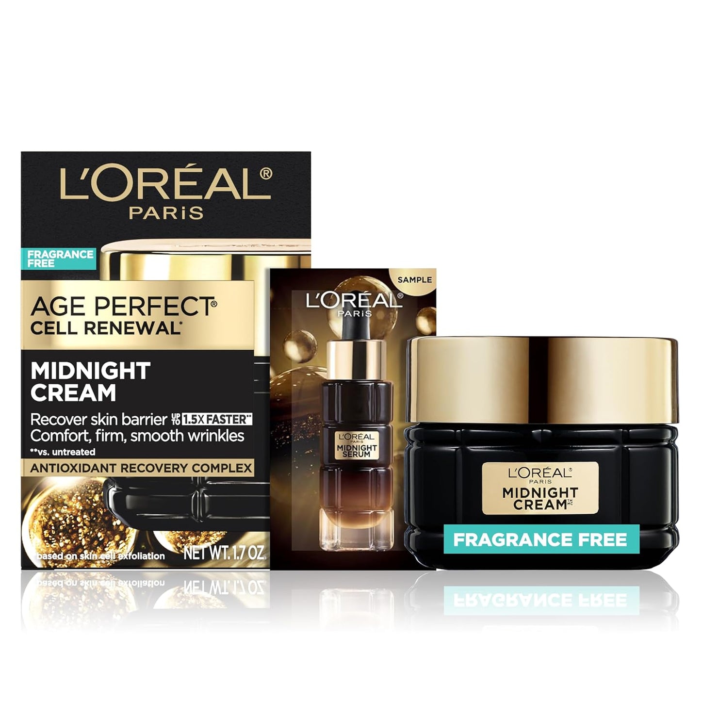 L'Oreal Paris Age Perfect Anti-Aging Midnight Face Cream, Fragrance-Free Face Moisturizer with Antioxidants to Reduce Wrinkles and Firm Skin, 1.7oz + Serum Sample