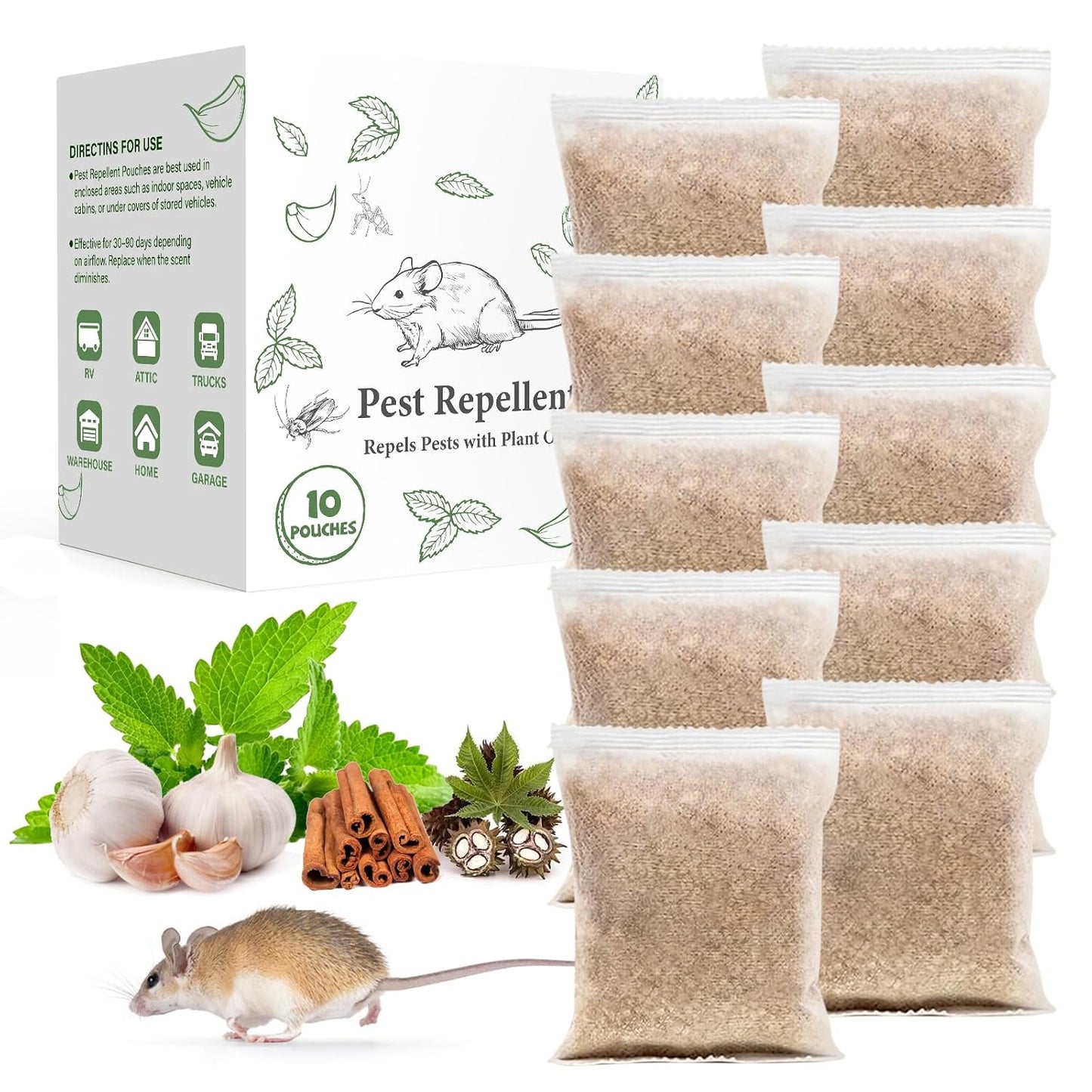 Pest Rodent Repellent Pouches, Peppermint Oil for Mouse, Roach, Ant, Spider, Squirrel, Mice, Rats, Pest Control Indoor Outdoor, Natural Mouse Deterrent Replace Traps Poison Family Pet Safe,10 Pack