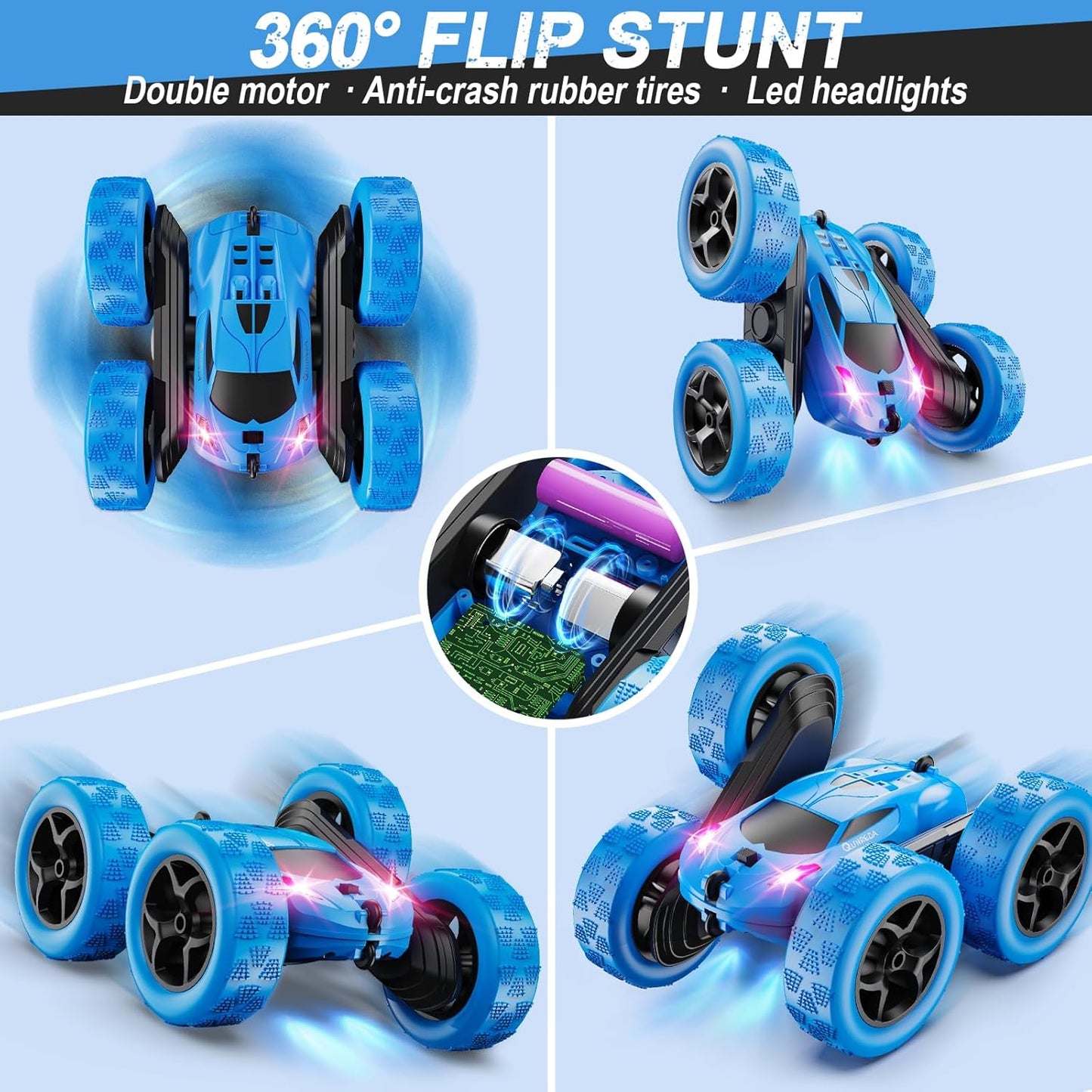 QUNREDA Remote Control Car, RC Cars Toys for Kids Ages 6-12, 4WD Stunt Car with LED Lights & 360å¡ Flips, 2.4GHz, Upgraded USB-C Modular Batteries, 8-10 Year Old Boys Birthday Gift 1-Blue