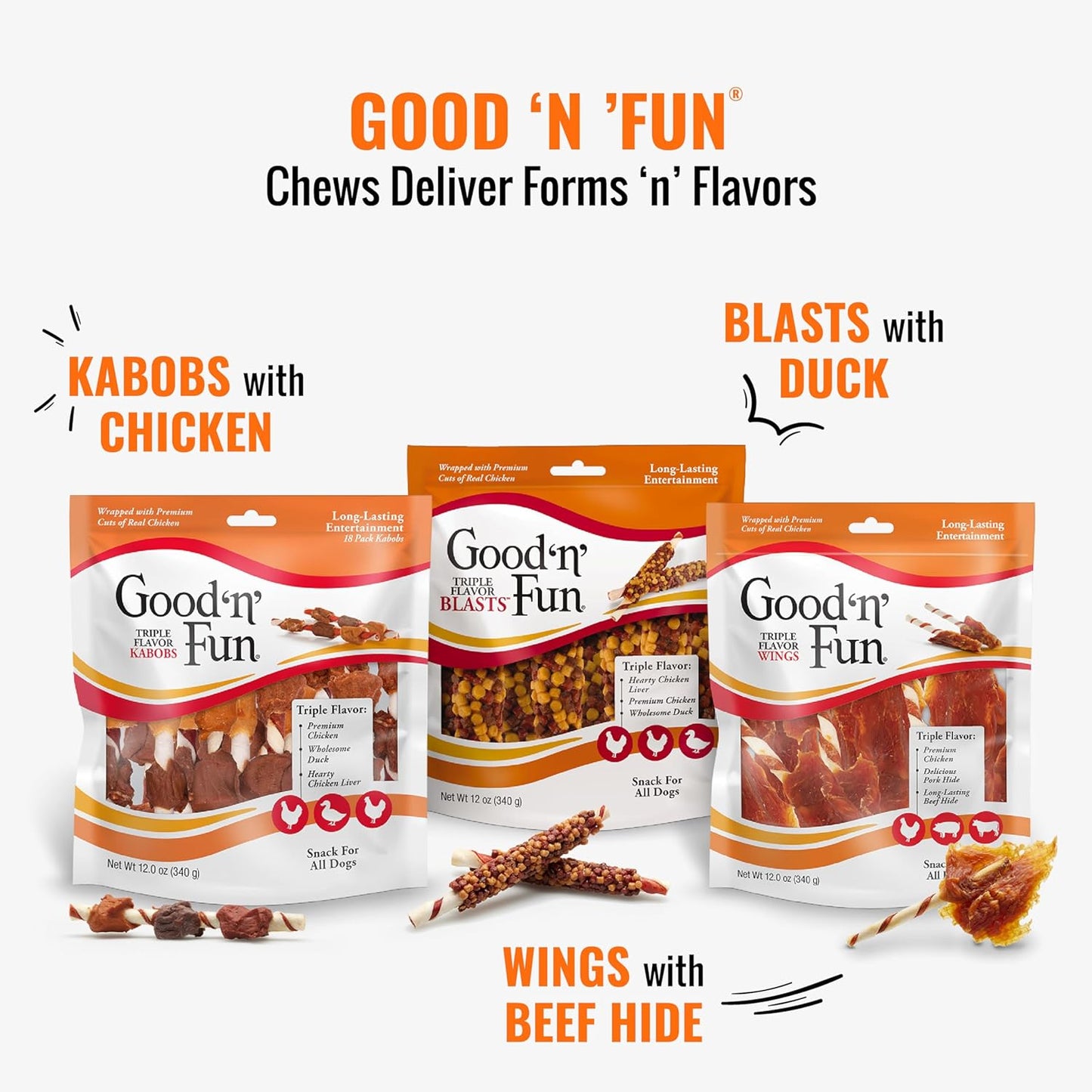 Good ‰Û÷n‰۪ Fun Triple Flavor Wings Chews for All Dogs, 12 Ounces, Treat Your Dog to Long-Lasting Chews Made from Chicken, Pork Hide and Beef Hide
