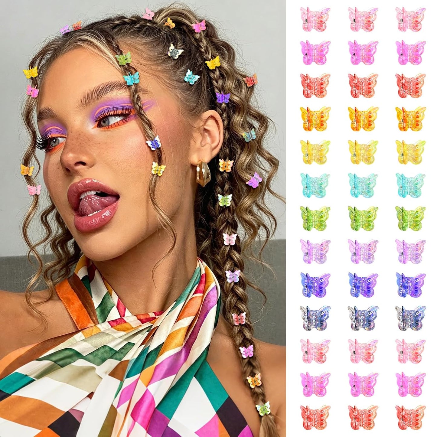 Mini Butterfly Hair Clips, Y2K 90s 50pcs Hair Accessories (Rainbow Plating) | Tiny Small Claw Clips, Cute Barrette, Festival Plastic Jewelry, for Women Girls
