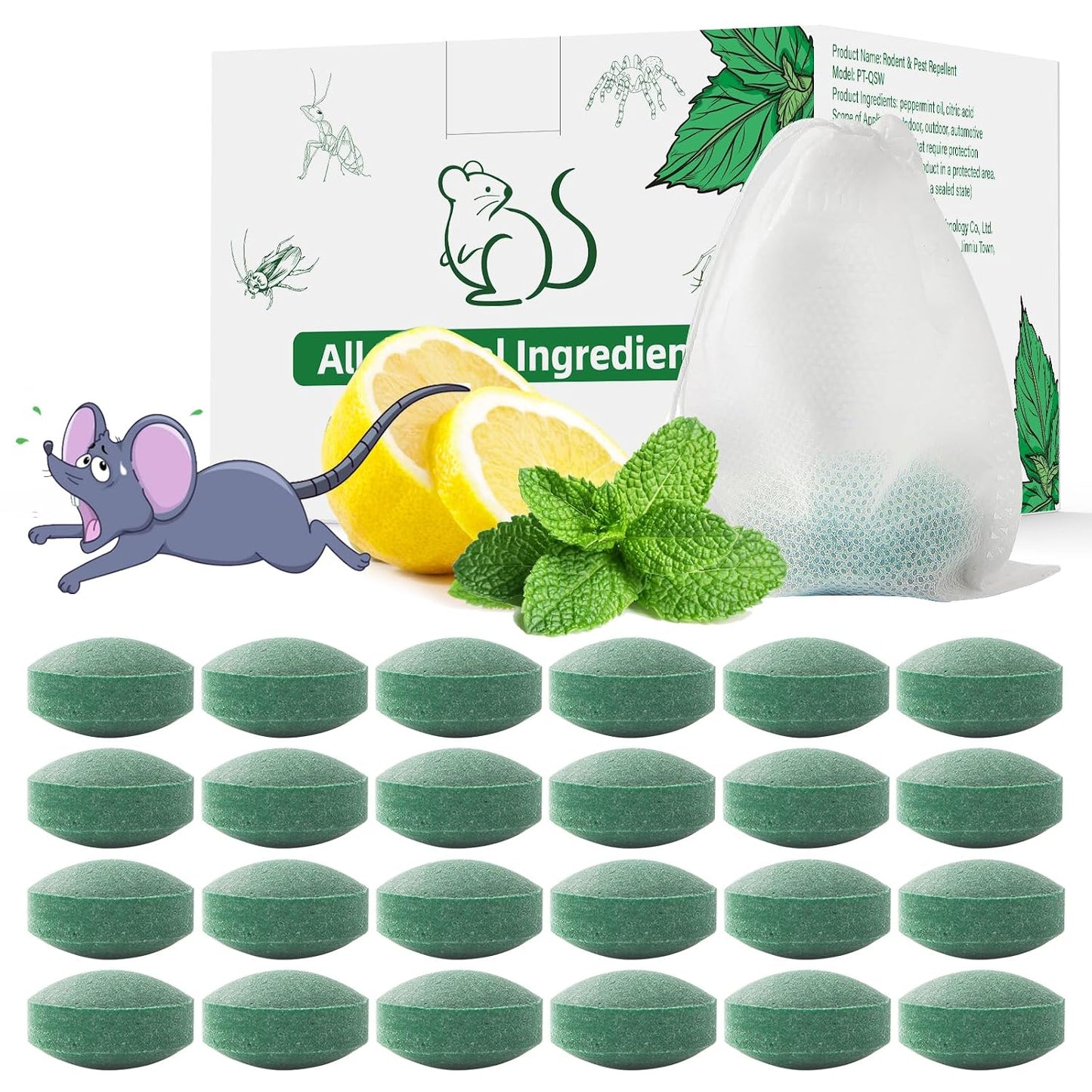 Pest Rodent Repellent, 24 Pack Peppermint Oil Repellent for Mouse Rats Spider Roach Ant Squirrel Pest Control Indoor & Outdoor, Natural Mice Deterrent Replace Trap Poisoning Family & Pet Safe Green