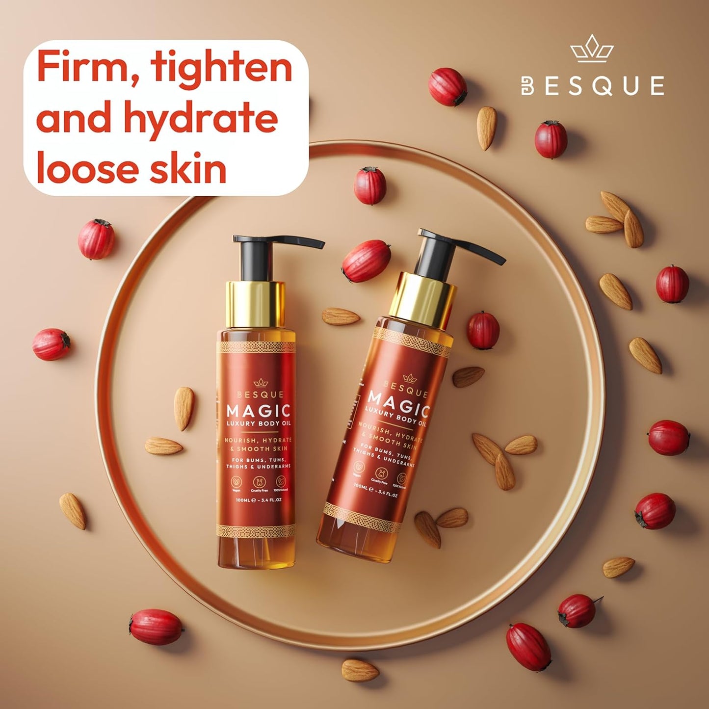 Besque Magic Body Oil, 3.4 FL OZ, After Shower Body Oil For Women, Hydrating Skin Care For Full Body That Plumps, Tightens, and Firms Skin With Natural Ingredients, Luxury Spa Gifts - Pack of 1