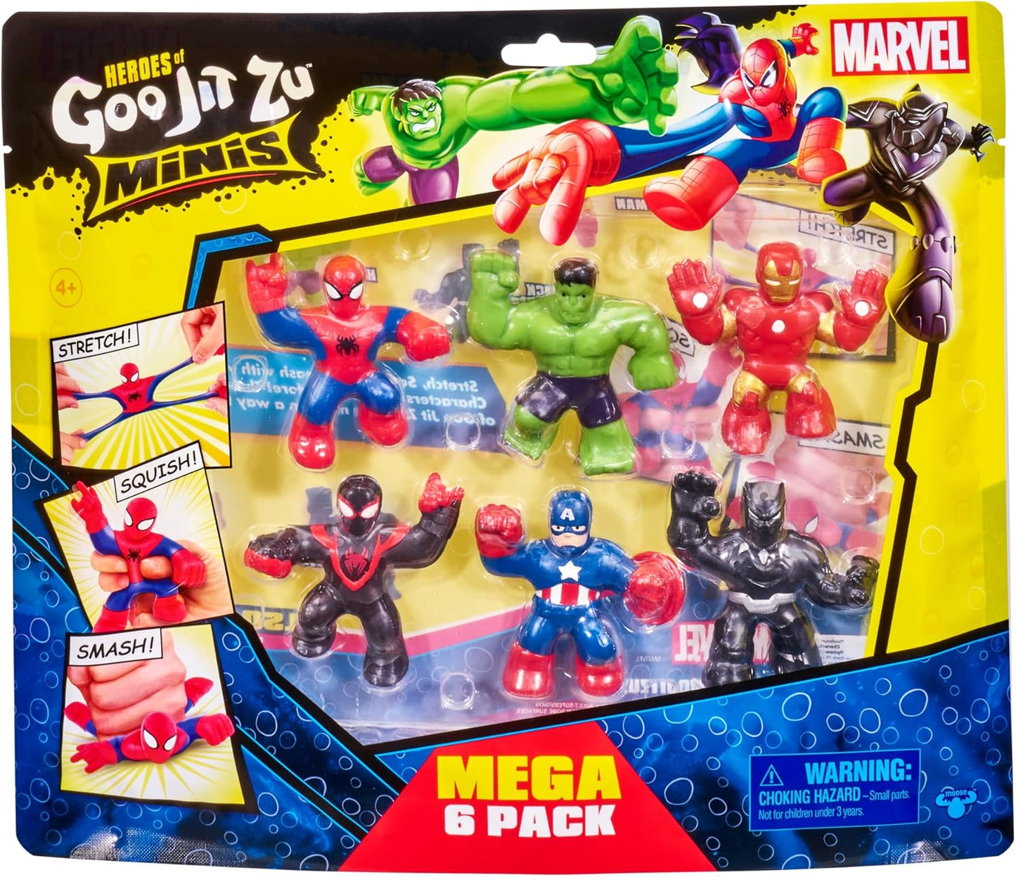 Heroes of Goo Jit Zu Marvel Mega Mini 6 Pack - Superhero Toys, Squishy, Stretchy, Gooey Mini Heroes - Ironman, Spider-Man, Captain America, Miles Morales, Hulk and Black Panther