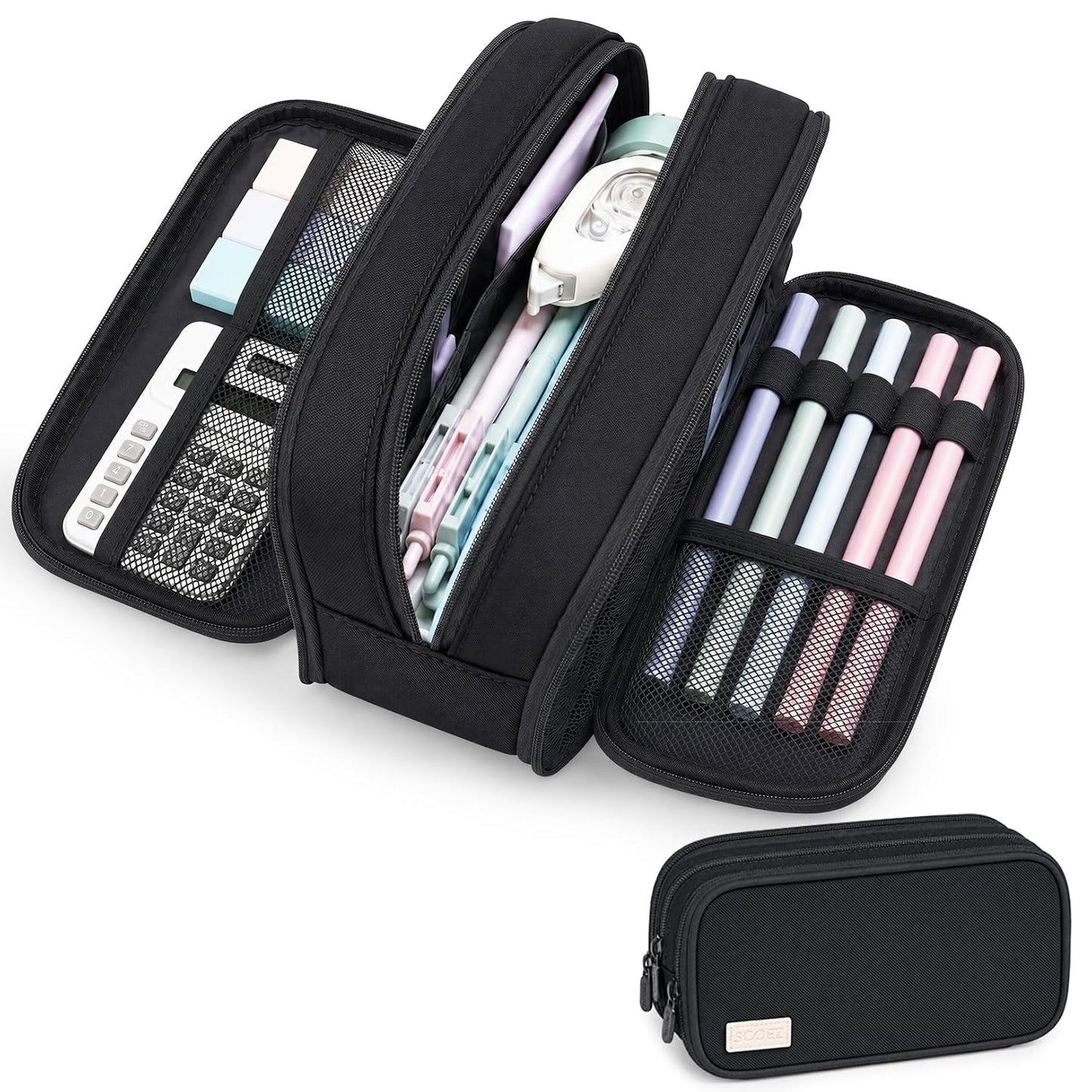 Sooez Large Capacity Pencil Case Pouch, Cute Pencil Pouch Pencil Bag | 3 Compartment, Aesthetic Pen Case with Zipper, Stationery Organizer, School Supplies for Teen Girl Boy Women Men, Black