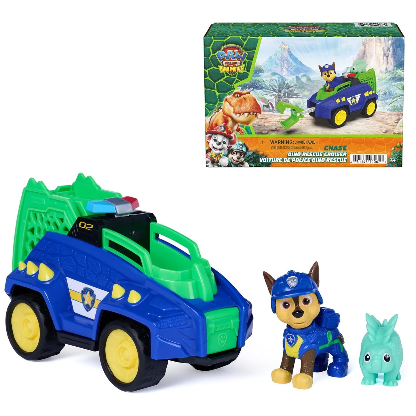 PAW Patrol The Dino Movie Chase Dino Rescue Cruiser Toy Car Vehicle | Spring Loaded Front Rescue Claw, 2 Collectible Movie Action Figures, Toy Car, Kids Toys for Boys & Girls Ages 3+