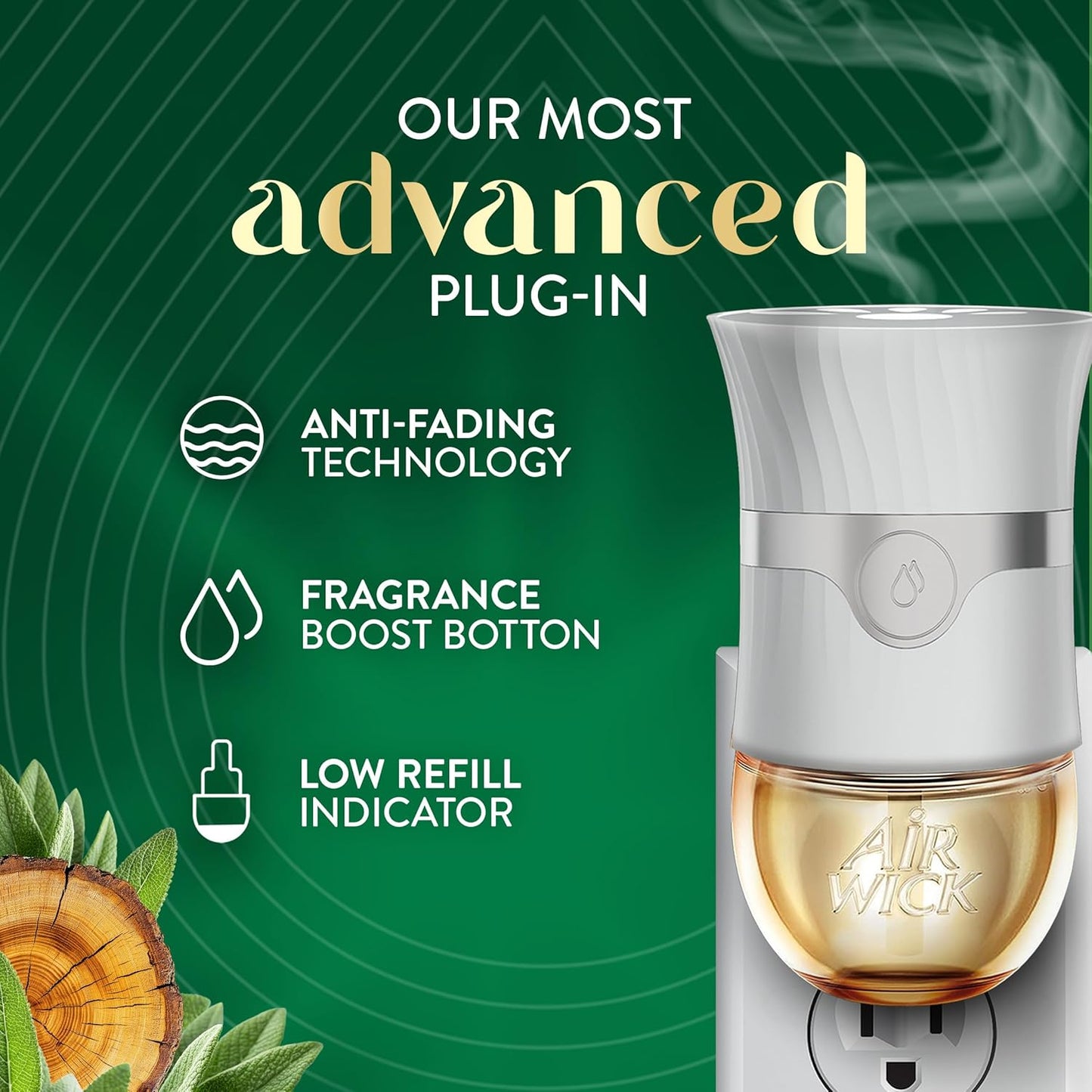Air Wick Vibrant Plug In Scented Oil Refill, Infused with Essential Oils, Plug In Air Fresheners for Home, White Sage & Mahogany, 4 ct
