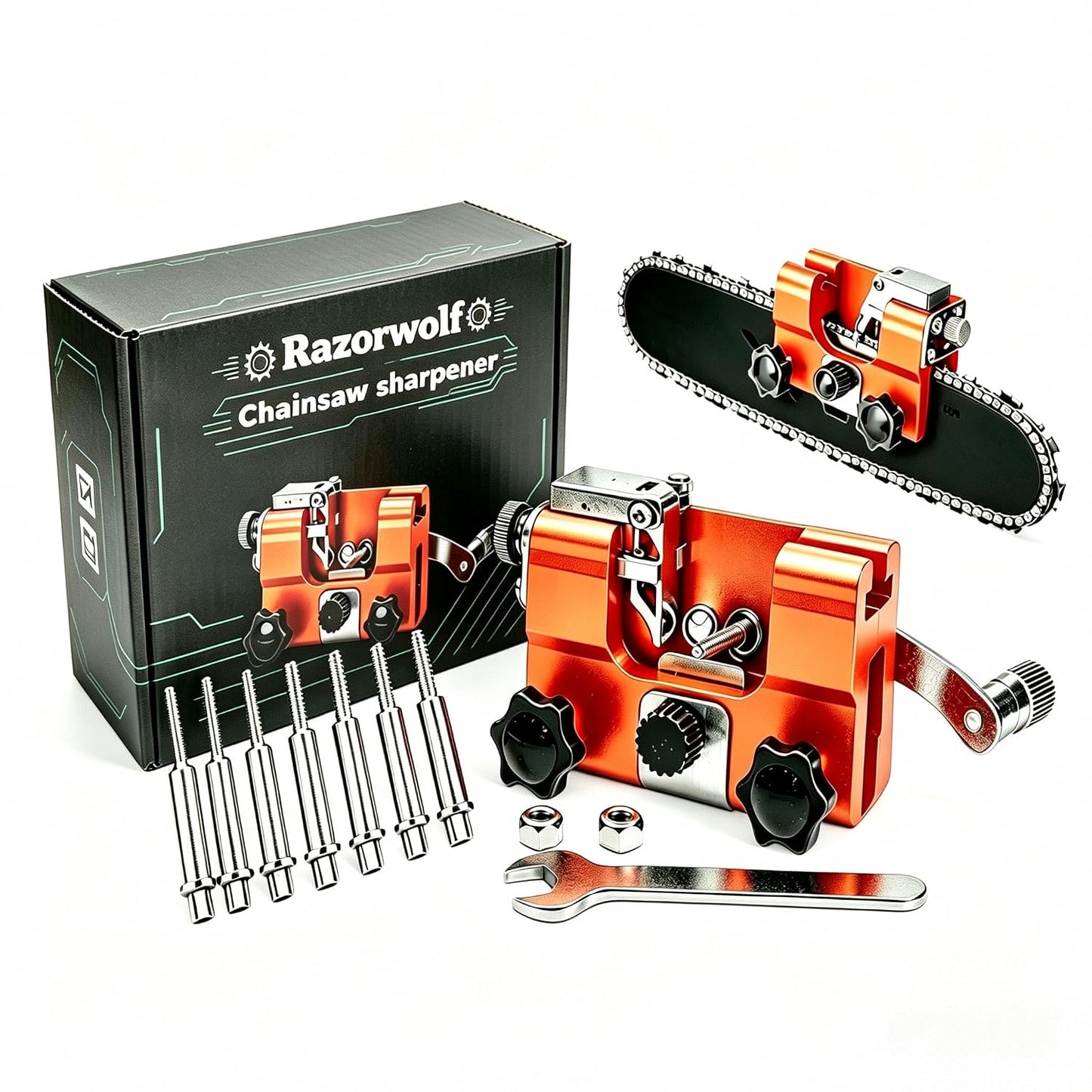 Razorwolf Chainsaw Sharpener, Lightweight Portable Manual Chain Sharpening Tool Includes 7 Grinding Stones, Universal Fit for 4-22 Inch Electric & Gas Chainsaws, Ideal for Garden and Woodworking Tasks