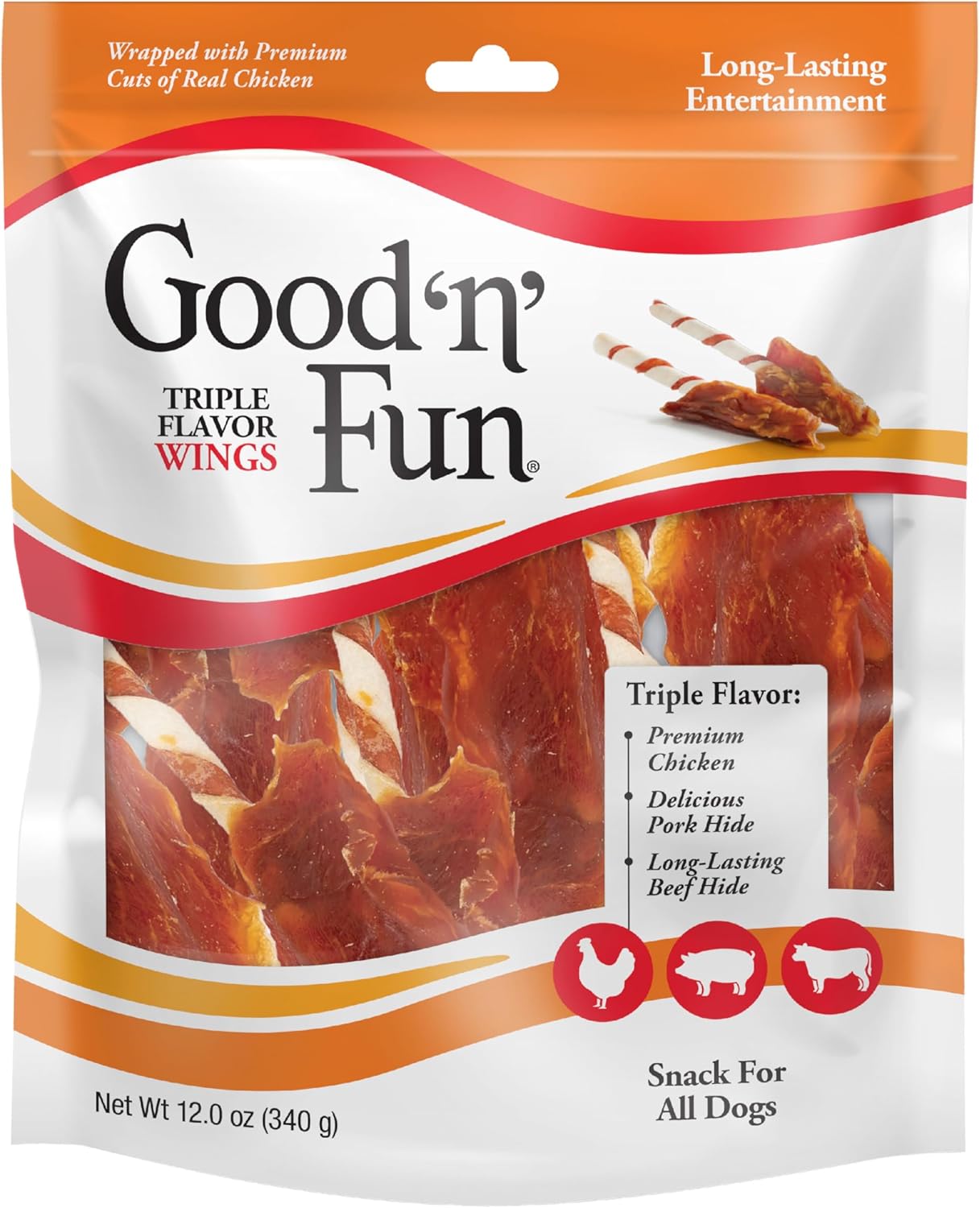 Good ‰Û÷n‰۪ Fun Triple Flavor Wings Chews for All Dogs, 12 Ounces, Treat Your Dog to Long-Lasting Chews Made from Chicken, Pork Hide and Beef Hide