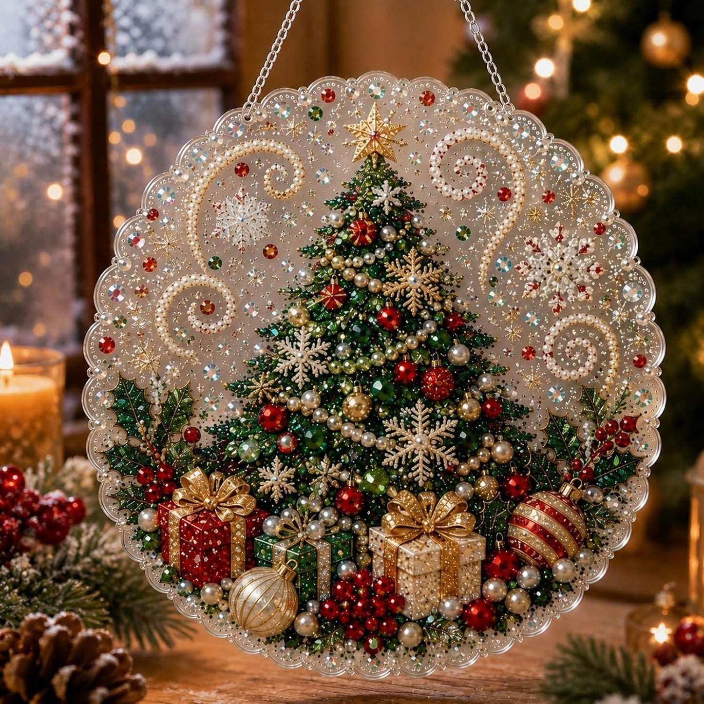 Christmas Pearl Diamond Painting Suncatcher Kit, DIY Craft (#C, 8in) | Pre-Assembled Metal Chain, Acrylic Round Board with Lace Edge, 3D Mixed-Sized Pearl Beads Craft, Festive Window Wall Decor