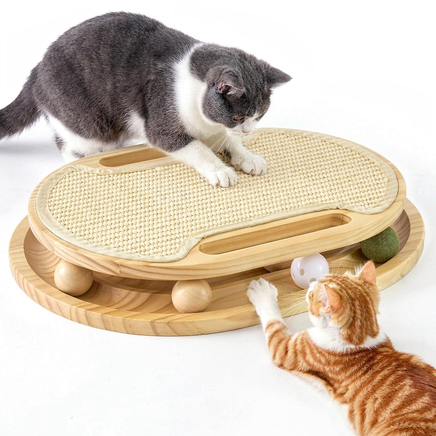 ZOMISIA Cat Scratcher with Ball Track Toy, Sisal Scratch Pad for Indoor Use | Wooden Interactive Cat Puzzle Toys for Adult Cats, Kitten Mental Stimulation Self Play Home Enrichment, Spinning Balls