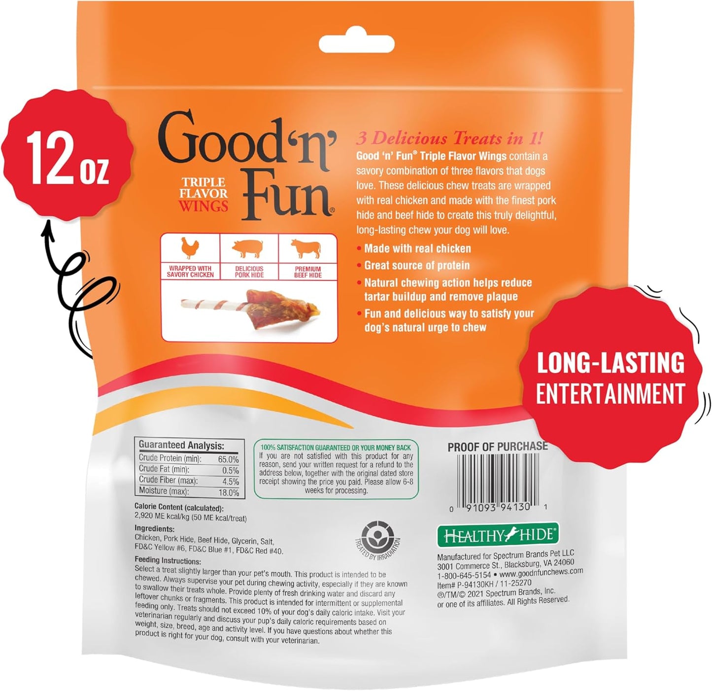 Good ‰Û÷n‰۪ Fun Triple Flavor Wings Chews for All Dogs, 12 Ounces, Treat Your Dog to Long-Lasting Chews Made from Chicken, Pork Hide and Beef Hide