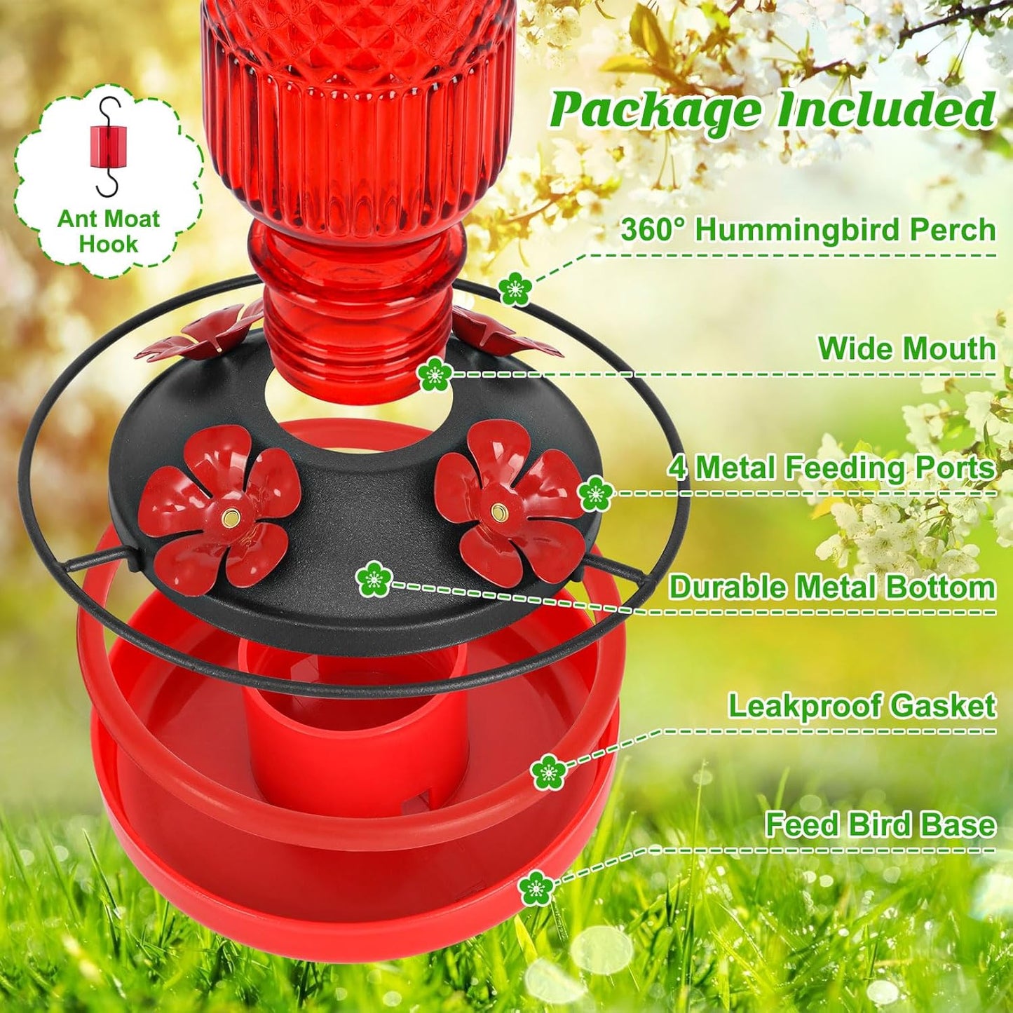 FEED GARDEN Glass Hummingbird Feeder, 16oz Outdoor Hanging Bird Feeder with Ant Moat, 4 Bee-Proof Feeding Ports, 360å¡ Perch, Leak-Proof, Red