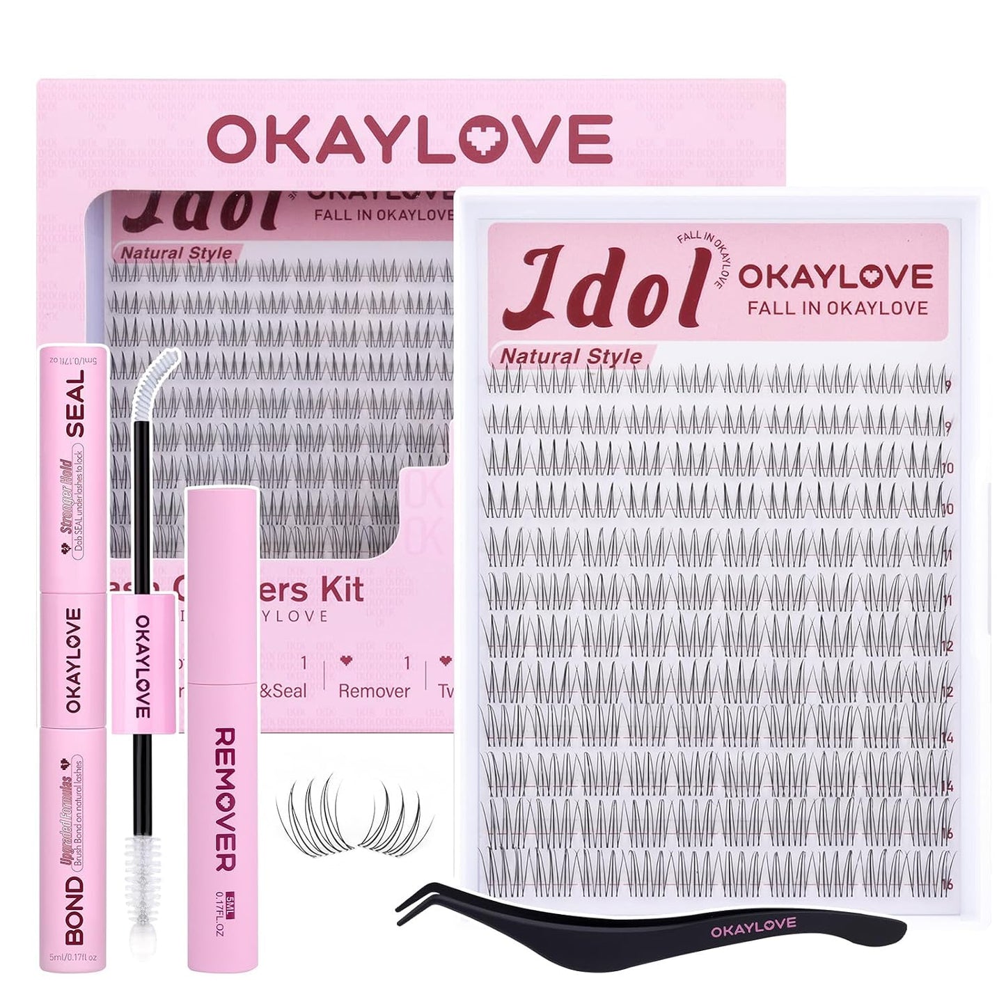 OKAYLOVE Idol Natural Lash Clusters Kit Clear Band Eyelash Clusters Kit CC Curl 9-16mm Cluster Eyelash Extensions DIY Wispy Individual Lashes with Bond and Seal, Remover, Tweezers for Korean Makeup