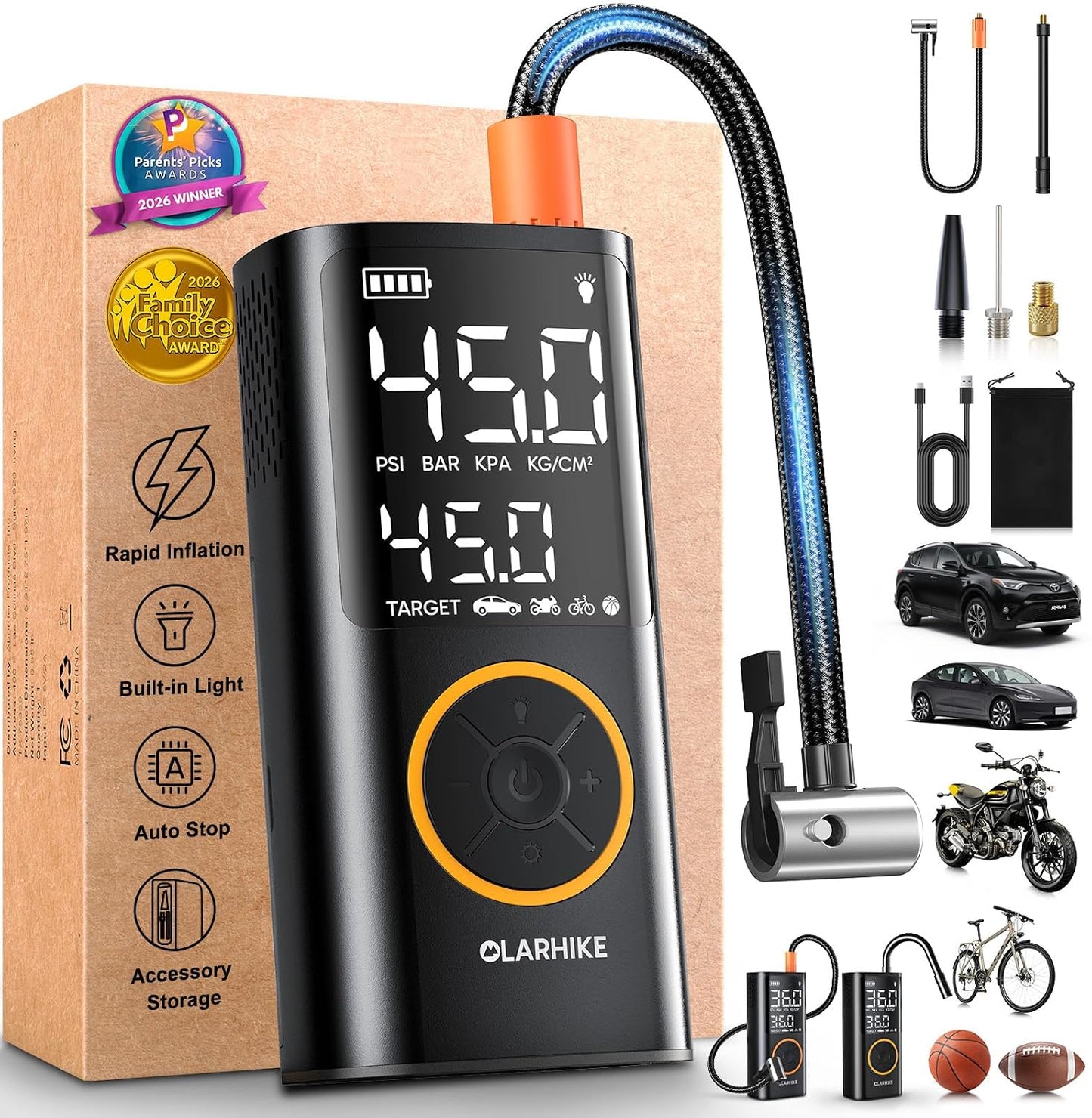 OlarHike Tire Inflator Portable Air Compressor,Cordless Electric Bike Pump | Smart Dual Hose System,Auto Stop Air Pump for Car Tires,Bicycles,Motorcycles with LED Light & Digital Pressure Gauge