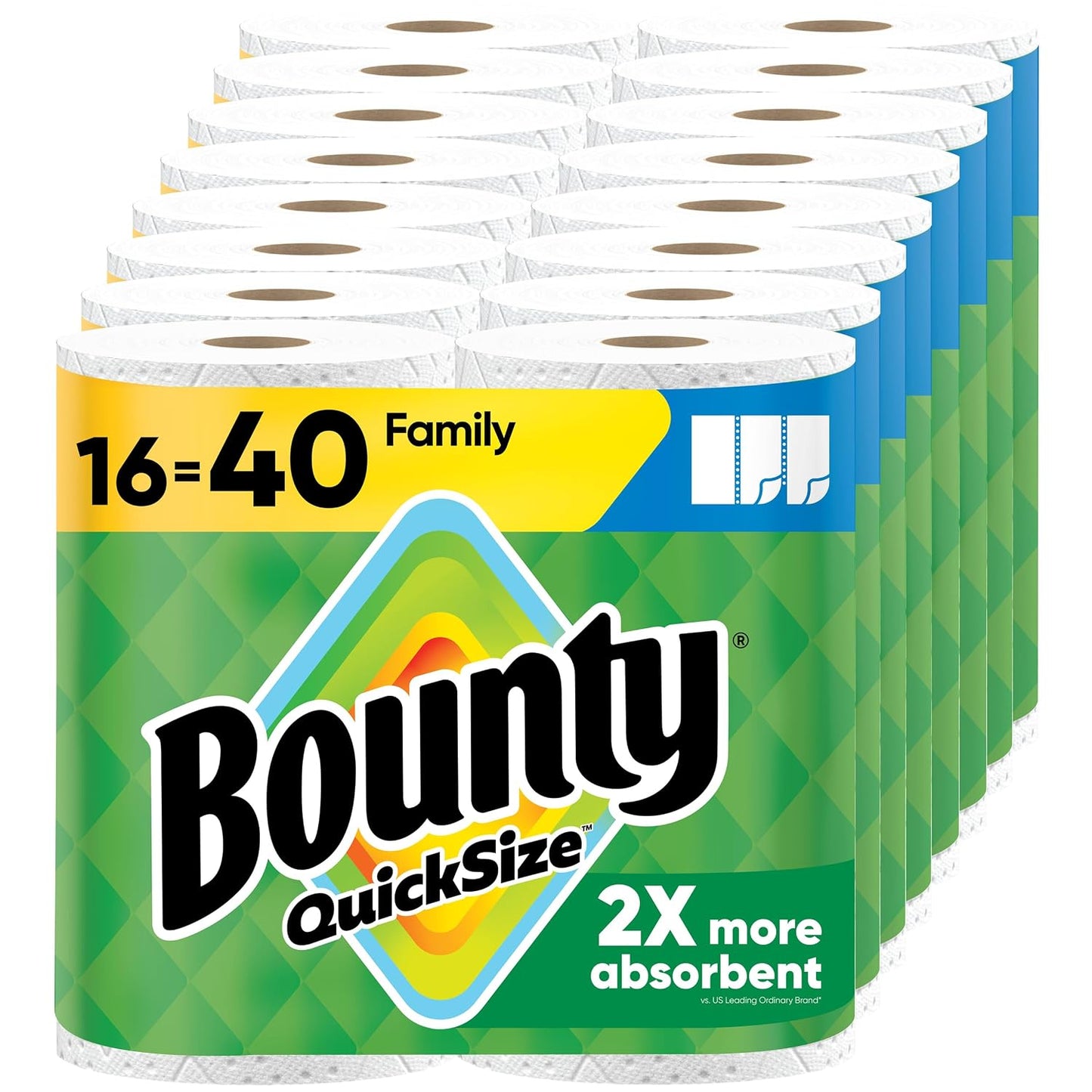 Bounty Paper Towels Quick Size, White, 16 Family Rolls = 40 Regular Rolls